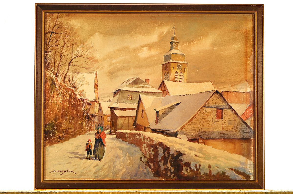 Detail k: August Bechter, 1889-1965 Bad Kreuznach, Verschneite Dorfansicht mit Mutter und Kind, Aquarell auf Papier, links unten signiert, ca. 27x34cm, ...