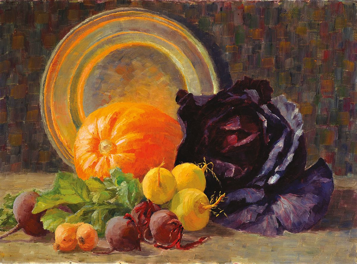M. Hermstedt (o.ä.), datiert 1916, Stillleben mit Teller, Kürbis, Rotkohl, Rote Beete, Rüben und Zwiebeln, Öl/Malkarton, rechts oben signiert, ...