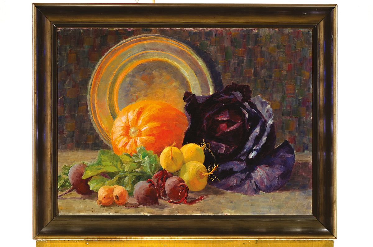 Detail k: M. Hermstedt (o.ä.), datiert 1916, Stillleben mit Teller, Kürbis, Rotkohl, Rote Beete, Rüben und Zwiebeln, Öl/Malkarton, rechts oben signiert, ...