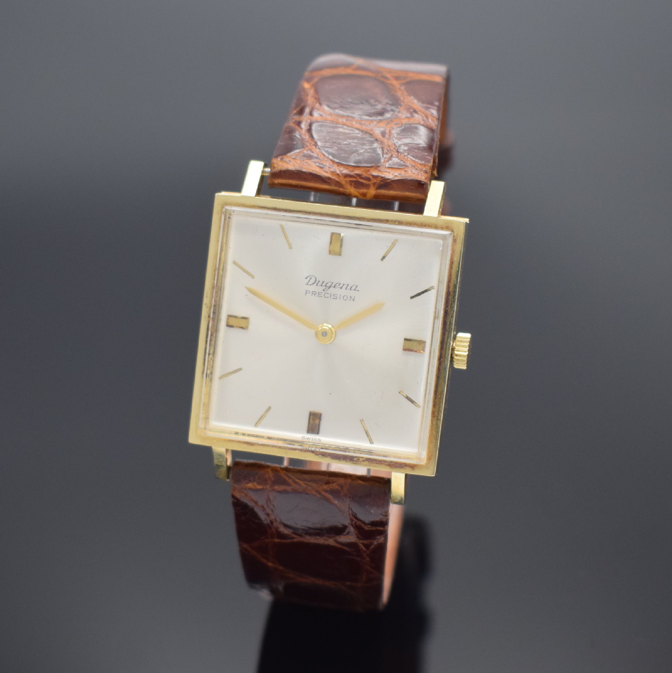 DUGENA Precision Armbanduhr in GG 585/000, Schweiz um 1965, Handaufzug, Boden aufgedr., silb. Zifferbl. m. gold. Std.-Ind. & -Zeigern, rotverg. Werk ...