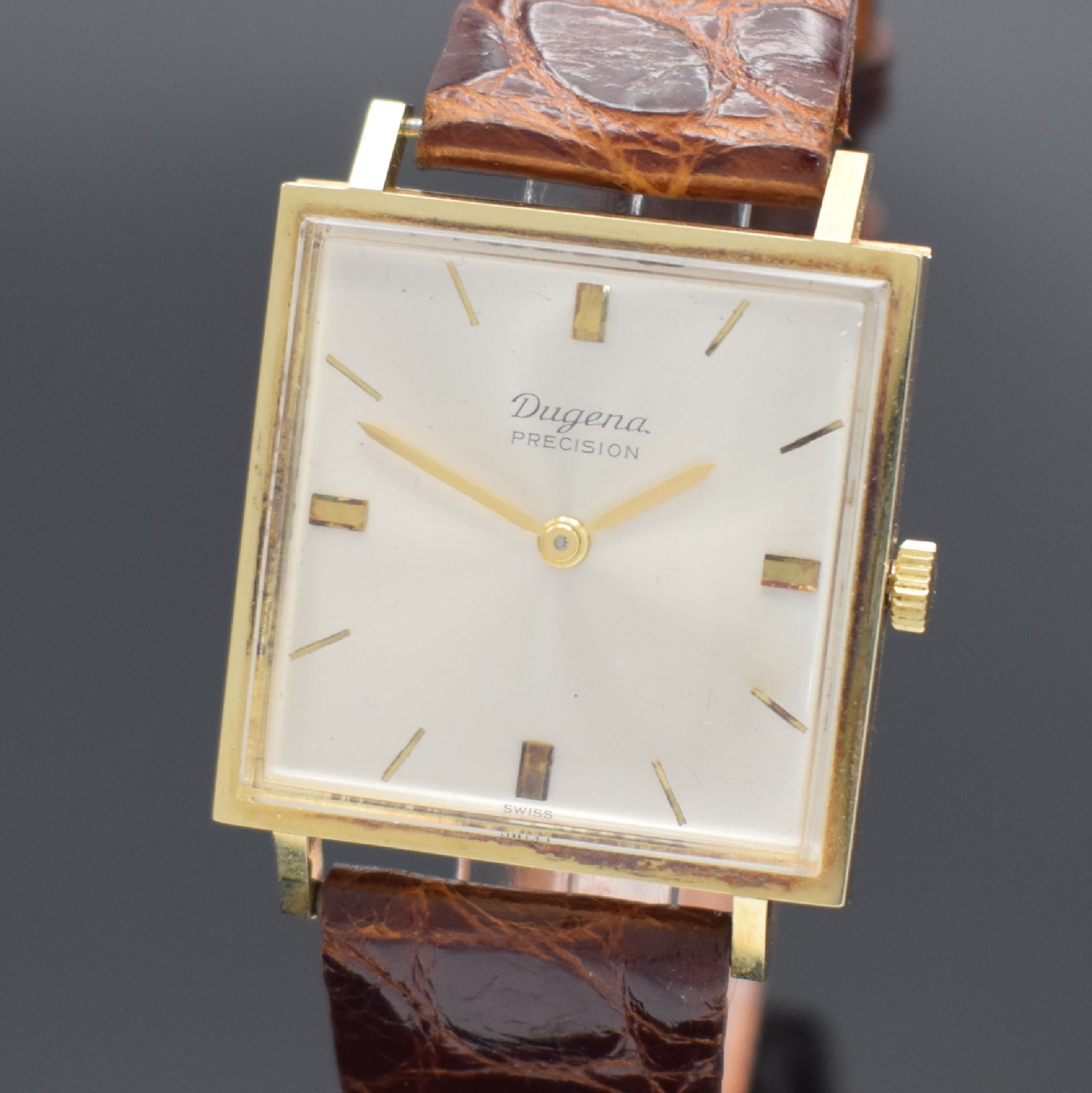Detail a: DUGENA Precision Armbanduhr in GG 585/000, Schweiz um 1965, Handaufzug, Boden aufgedr., silb. Zifferbl. m. gold. Std.-Ind. & -Zeigern, rotverg. Werk ...
