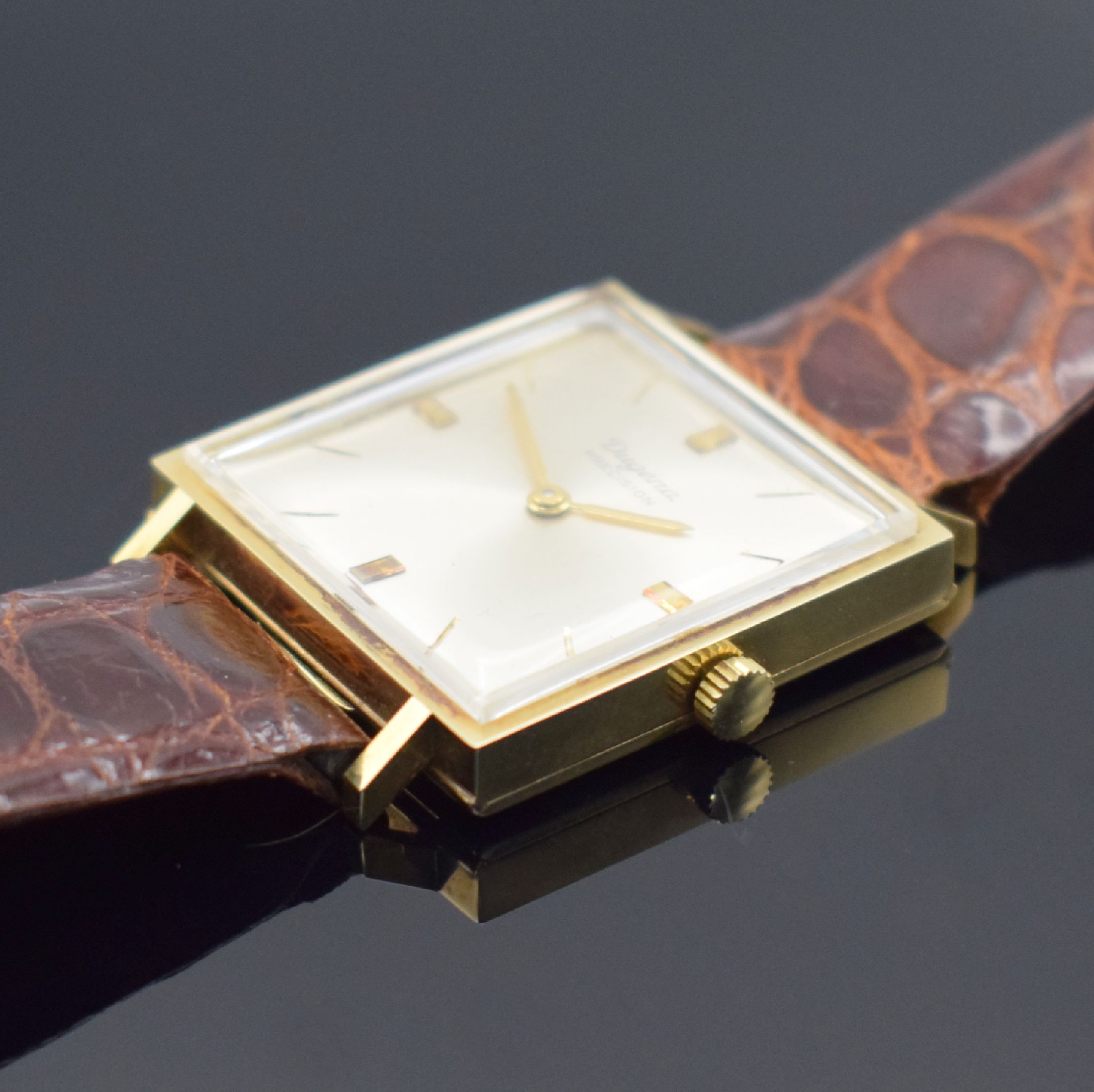 Detail b: DUGENA Precision Armbanduhr in GG 585/000, Schweiz um 1965, Handaufzug, Boden aufgedr., silb. Zifferbl. m. gold. Std.-Ind. & -Zeigern, rotverg. Werk ...
