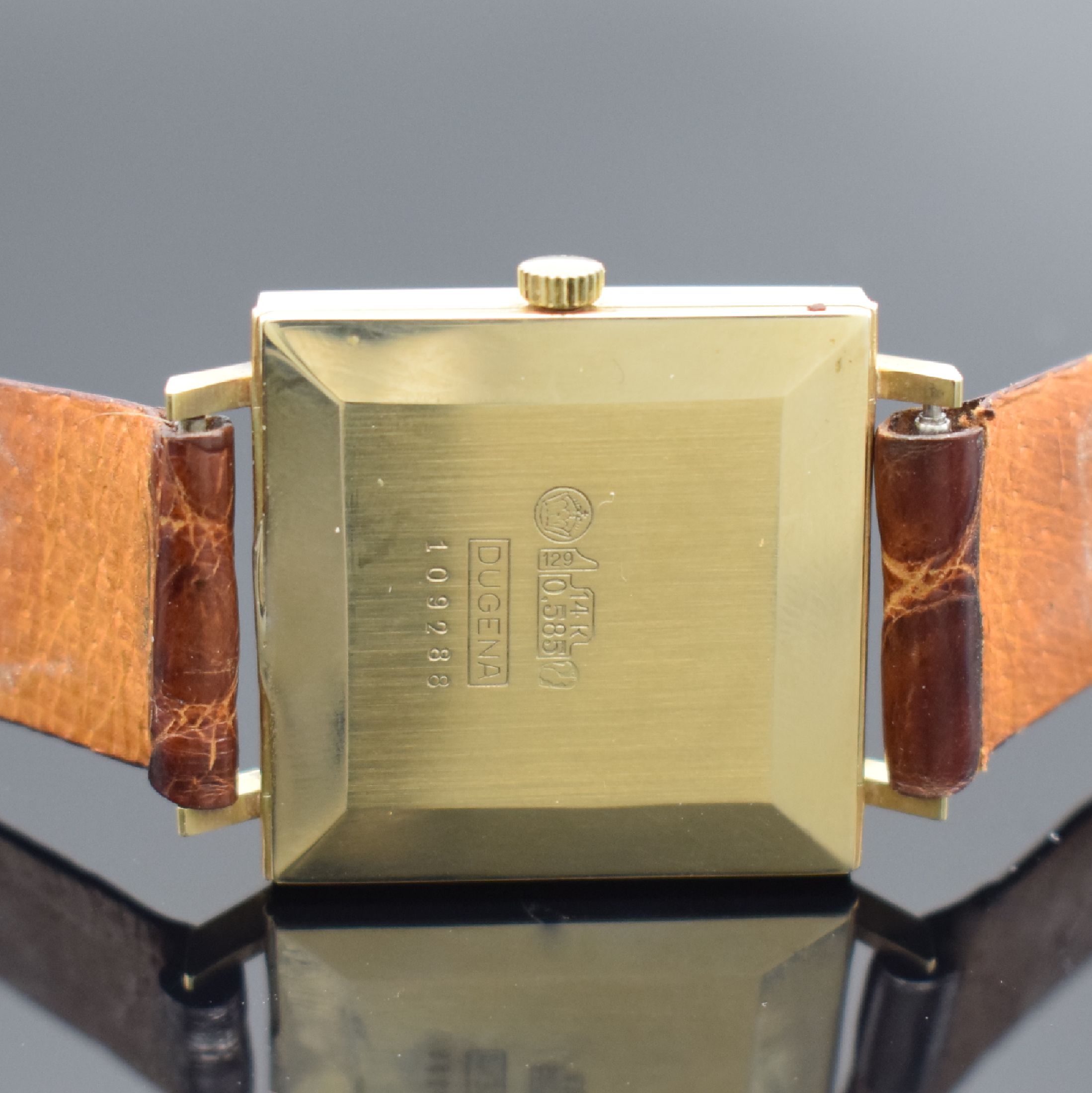 Detail c: DUGENA Precision Armbanduhr in GG 585/000, Schweiz um 1965, Handaufzug, Boden aufgedr., silb. Zifferbl. m. gold. Std.-Ind. & -Zeigern, rotverg. Werk ...