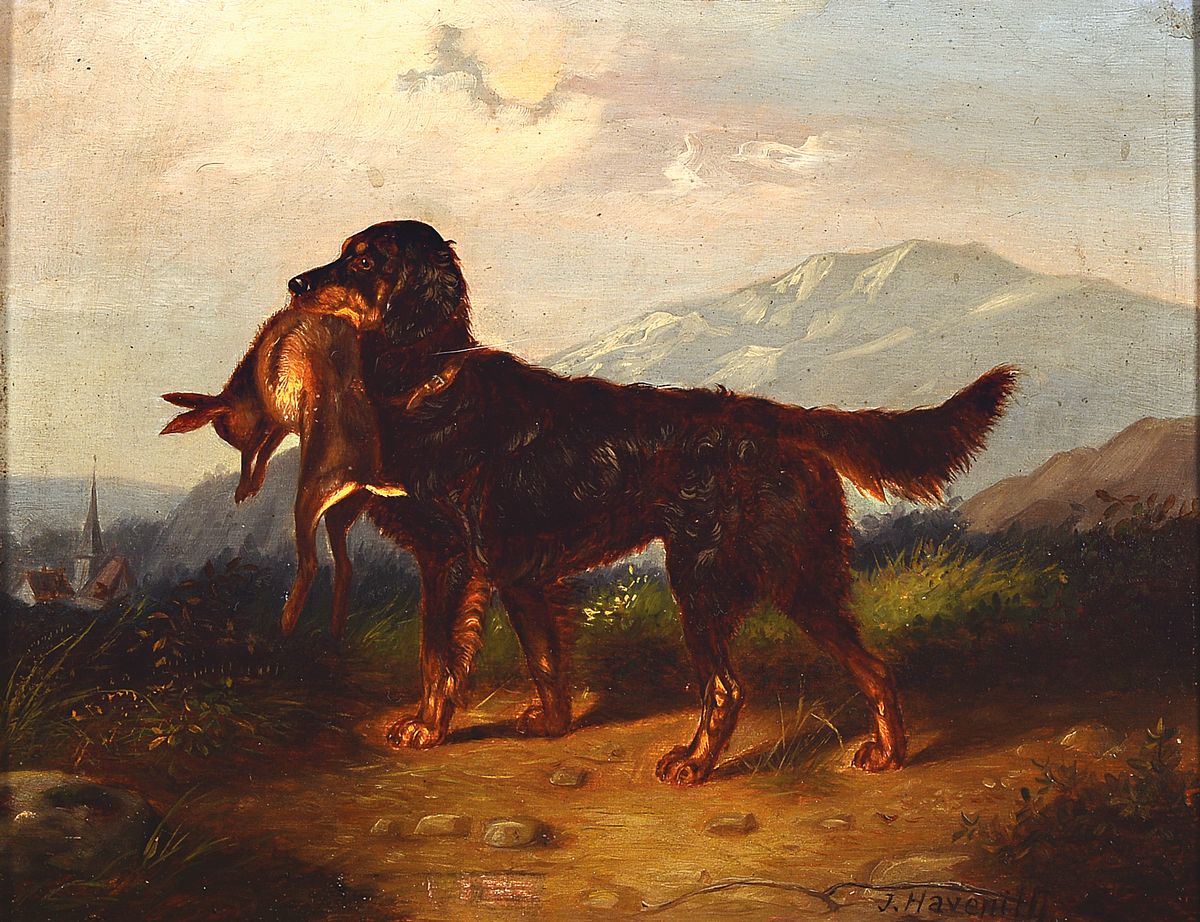 J. Havenith, englischer Tiermaler des 19. Jh., Jagdhundeporträt, weite Landschaft mit Berg und Dorf im Hintergrund, der Hund mit erlegtem Hasen im ...