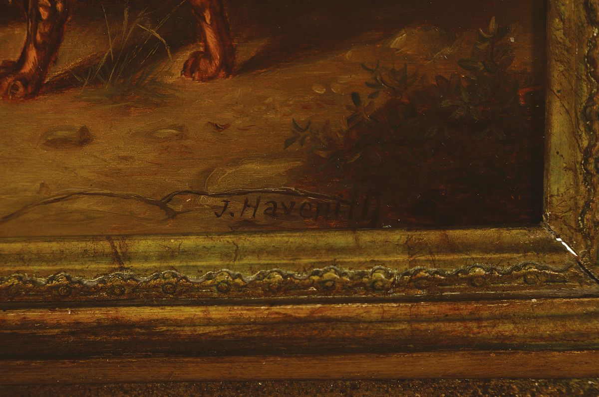 Detail a: J. Havenith, englischer Tiermaler des 19. Jh., Jagdhundeporträt, weite Landschaft mit Berg und Dorf im Hintergrund, der Hund mit erlegtem Hasen im ...