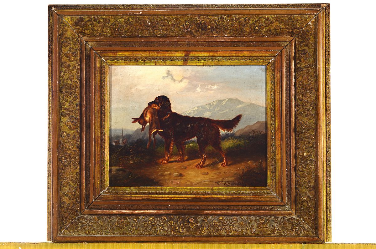 Detail k: J. Havenith, englischer Tiermaler des 19. Jh., Jagdhundeporträt, weite Landschaft mit Berg und Dorf im Hintergrund, der Hund mit erlegtem Hasen im ...
