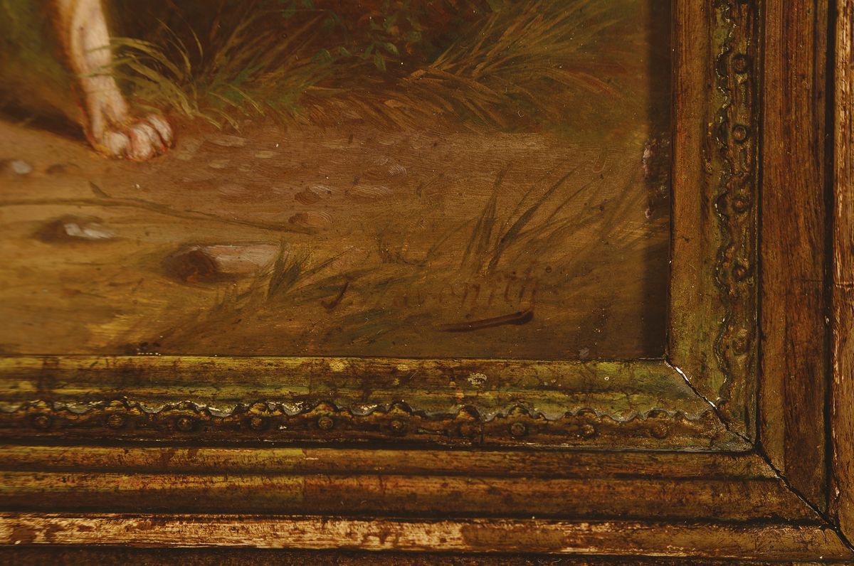 Detail a: J. Havenith, englischer Tiermaler des 19. Jh., Jagdhundeporträt, weite Landschaft mit Hügeln im Hintergrund, Öl/Holz, rechts unten signiert, ca. ...