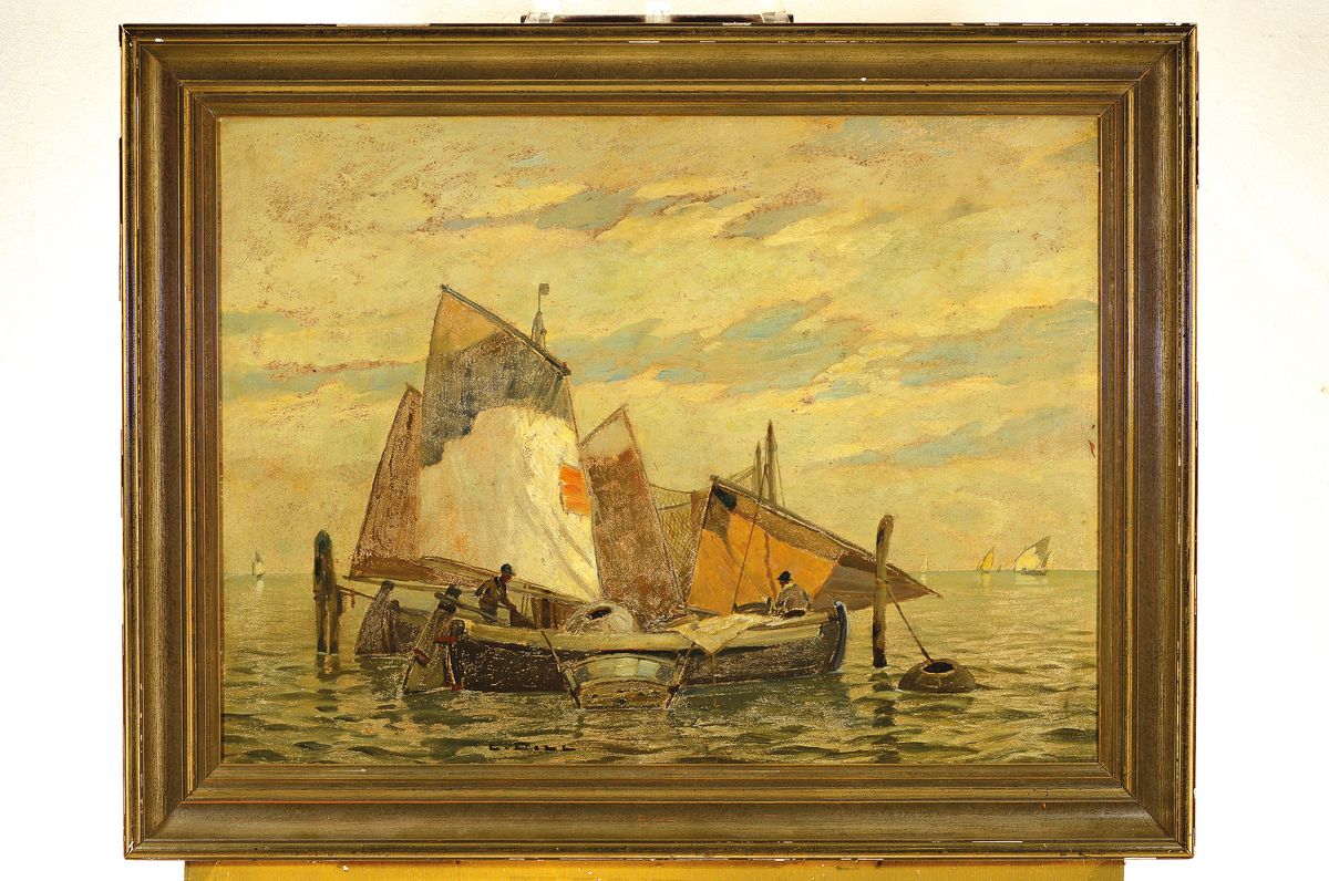 Detail k: Ludwig Dill, 1848 Gernsbach-1940 Karlsruhe, Fischerboote bei Chioggia, Öl/Malkarton, signiert, ca. 56x76cm, R. ca. 69x89cm