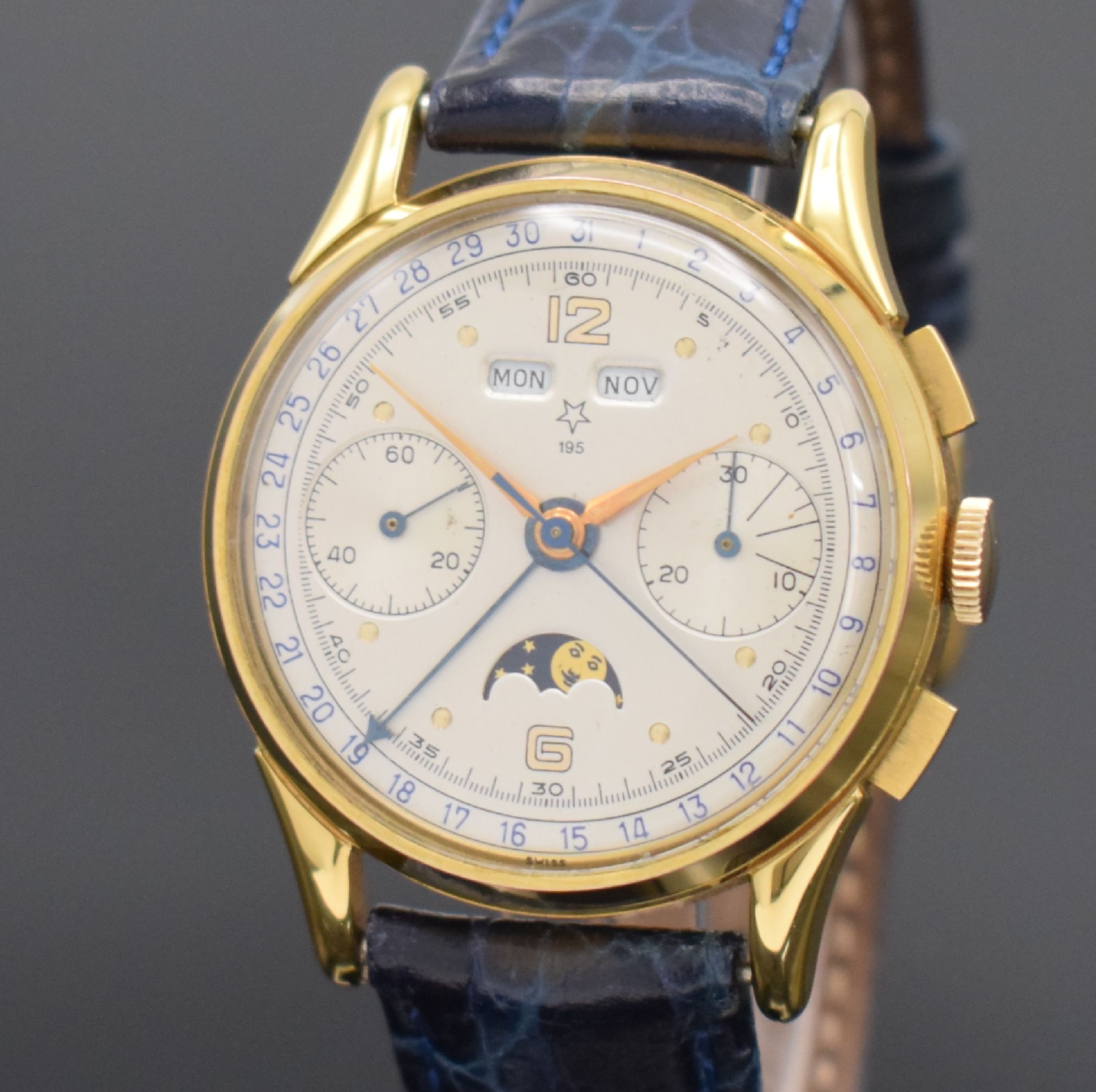 Detail a: VALJOUX 195 vergoldeter Schaltradchronograph mit Vollkalender, Schweiz 1980er Jahre, Handaufzug, beids. vergl. Geh., Boden aufgedr., Korrekturdr. f. ...