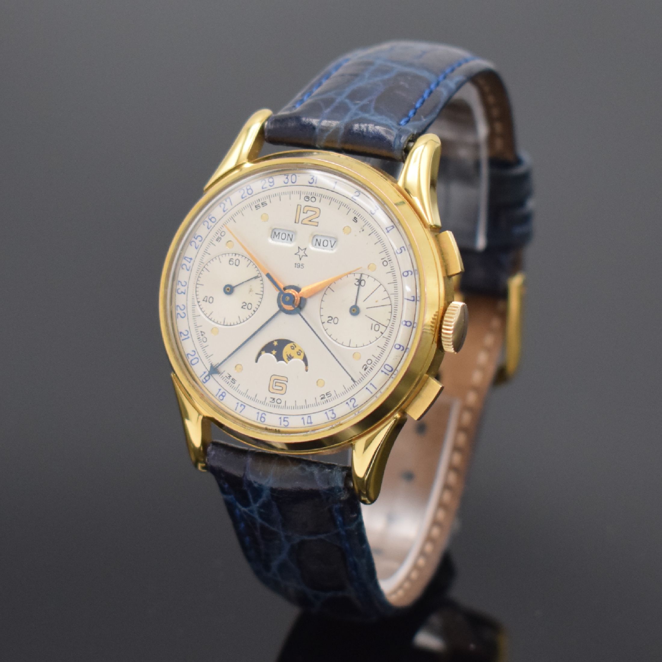 Detail b: VALJOUX 195 vergoldeter Schaltradchronograph mit Vollkalender, Schweiz 1980er Jahre, Handaufzug, beids. vergl. Geh., Boden aufgedr., Korrekturdr. f. ...