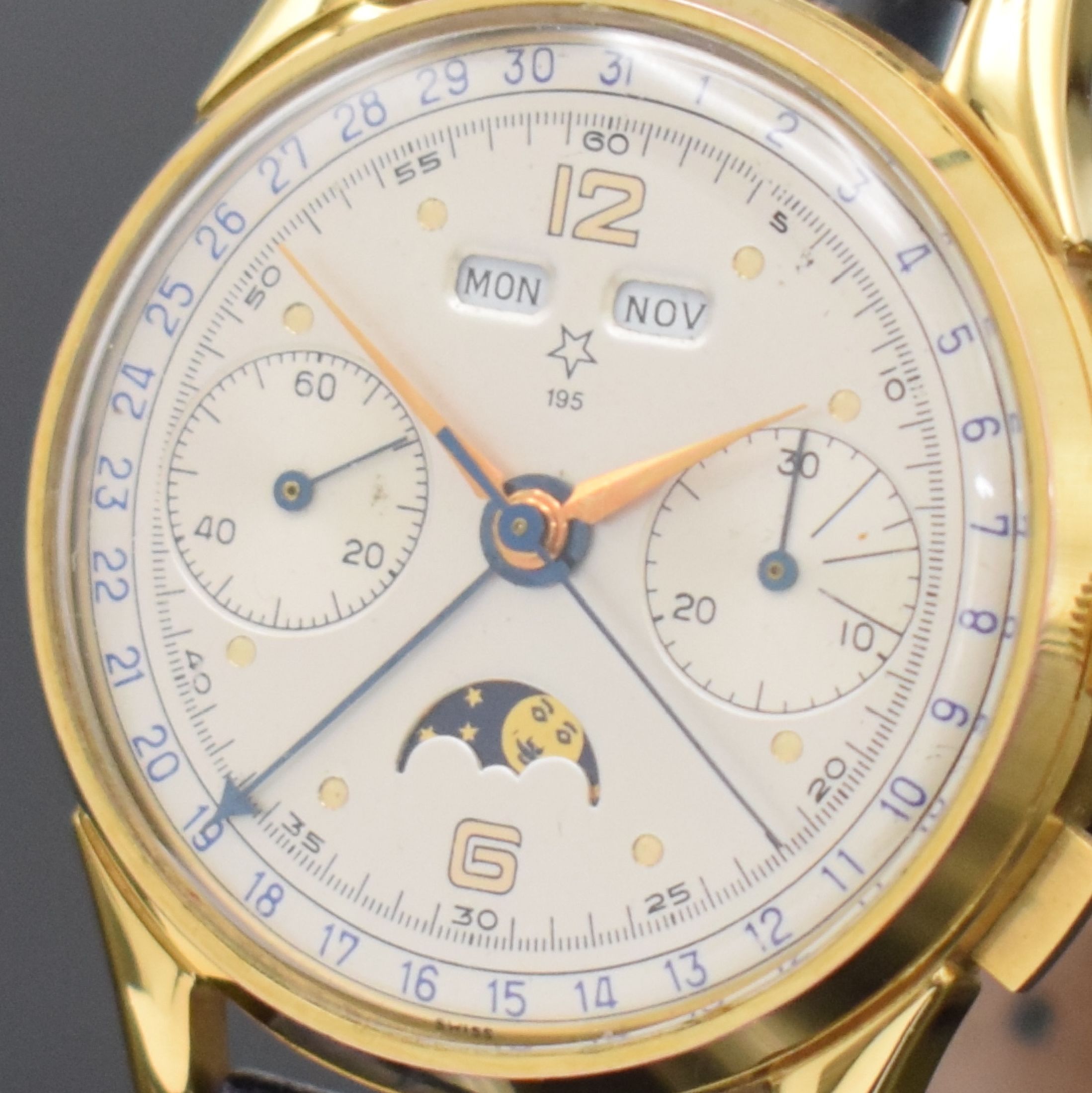 Detail c: VALJOUX 195 vergoldeter Schaltradchronograph mit Vollkalender, Schweiz 1980er Jahre, Handaufzug, beids. vergl. Geh., Boden aufgedr., Korrekturdr. f. ...