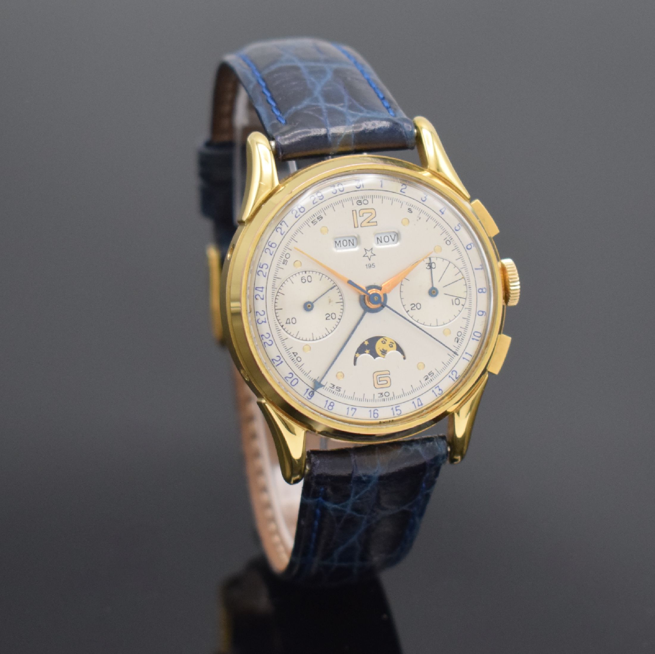 Detail d: VALJOUX 195 vergoldeter Schaltradchronograph mit Vollkalender, Schweiz 1980er Jahre, Handaufzug, beids. vergl. Geh., Boden aufgedr., Korrekturdr. f. ...