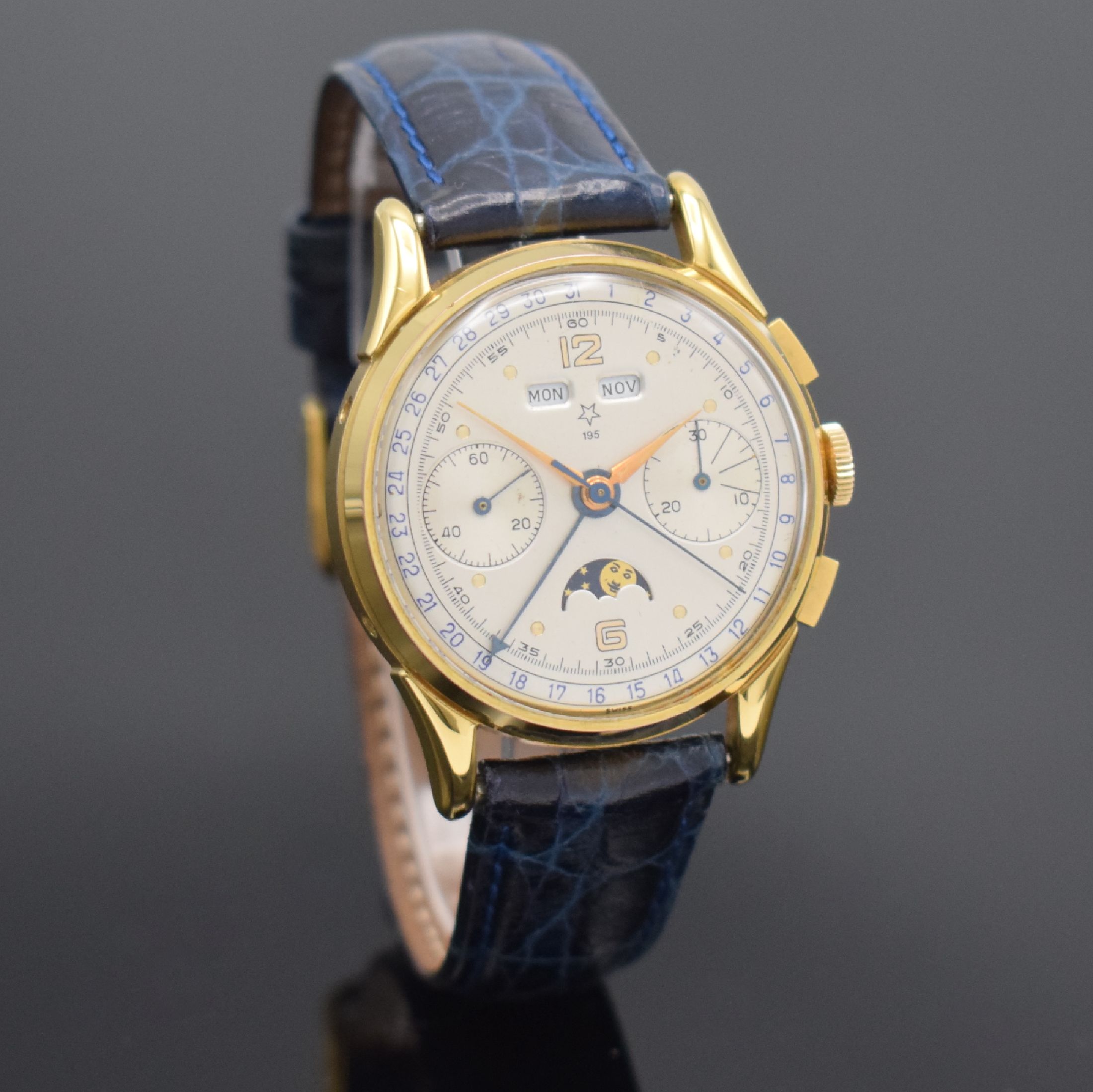 Detail e: VALJOUX 195 vergoldeter Schaltradchronograph mit Vollkalender, Schweiz 1980er Jahre, Handaufzug, beids. vergl. Geh., Boden aufgedr., Korrekturdr. f. ...