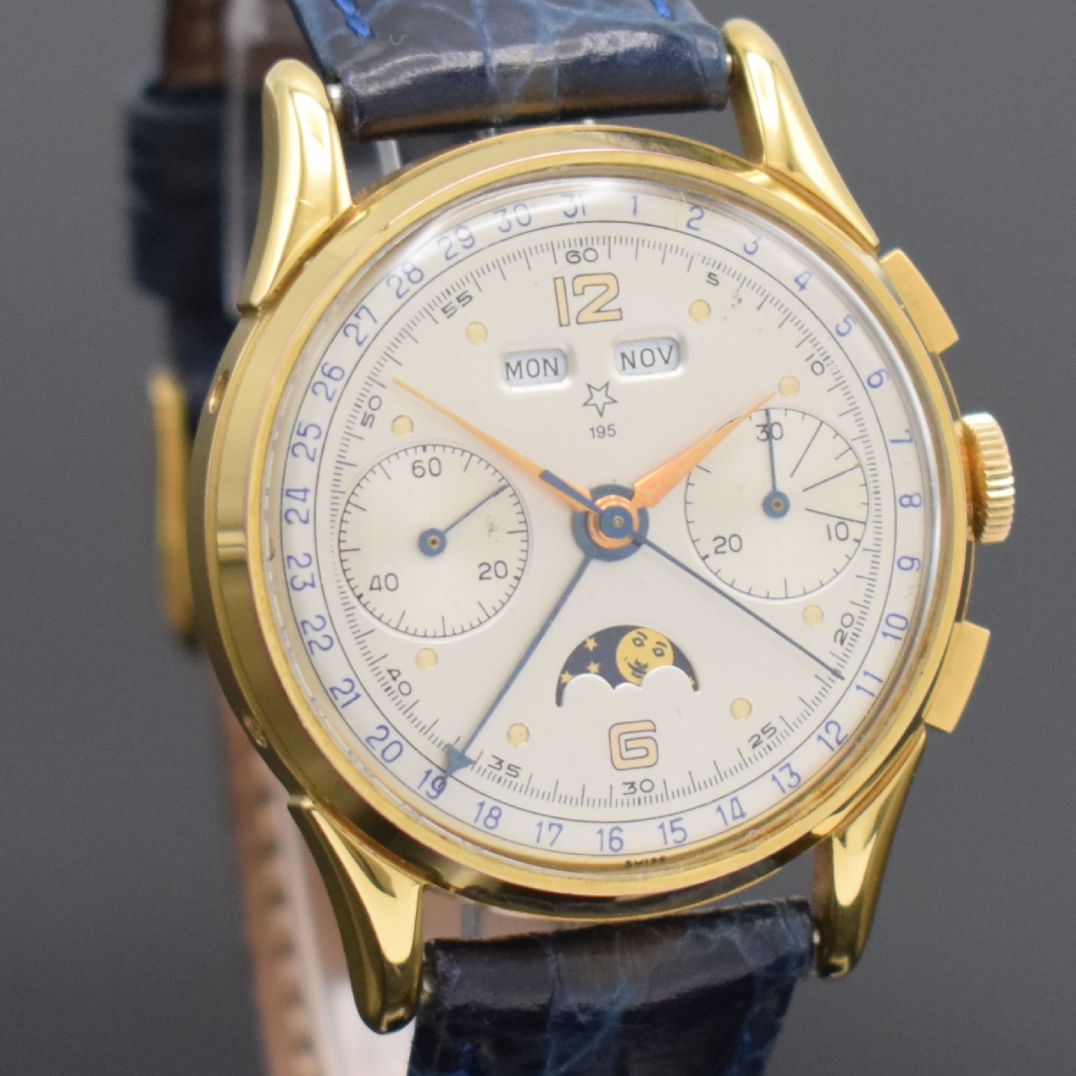 Detail f: VALJOUX 195 vergoldeter Schaltradchronograph mit Vollkalender, Schweiz 1980er Jahre, Handaufzug, beids. vergl. Geh., Boden aufgedr., Korrekturdr. f. ...