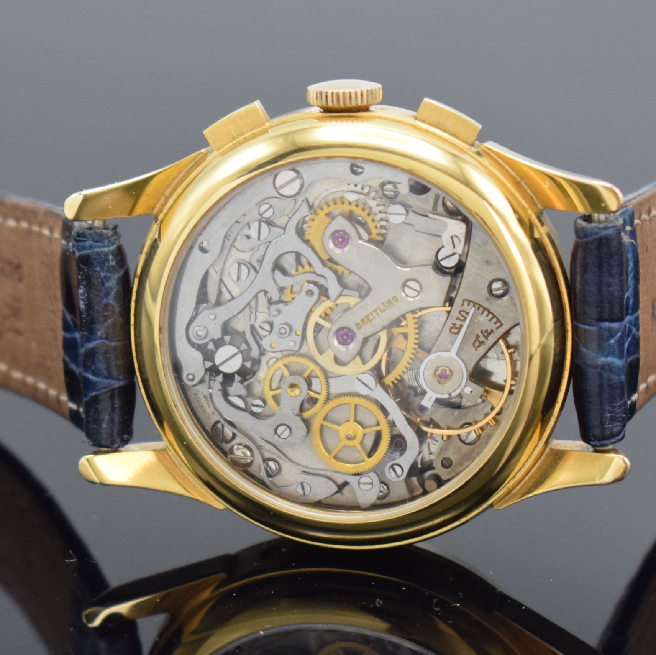 Detail g: VALJOUX 195 vergoldeter Schaltradchronograph mit Vollkalender, Schweiz 1980er Jahre, Handaufzug, beids. vergl. Geh., Boden aufgedr., Korrekturdr. f. ...