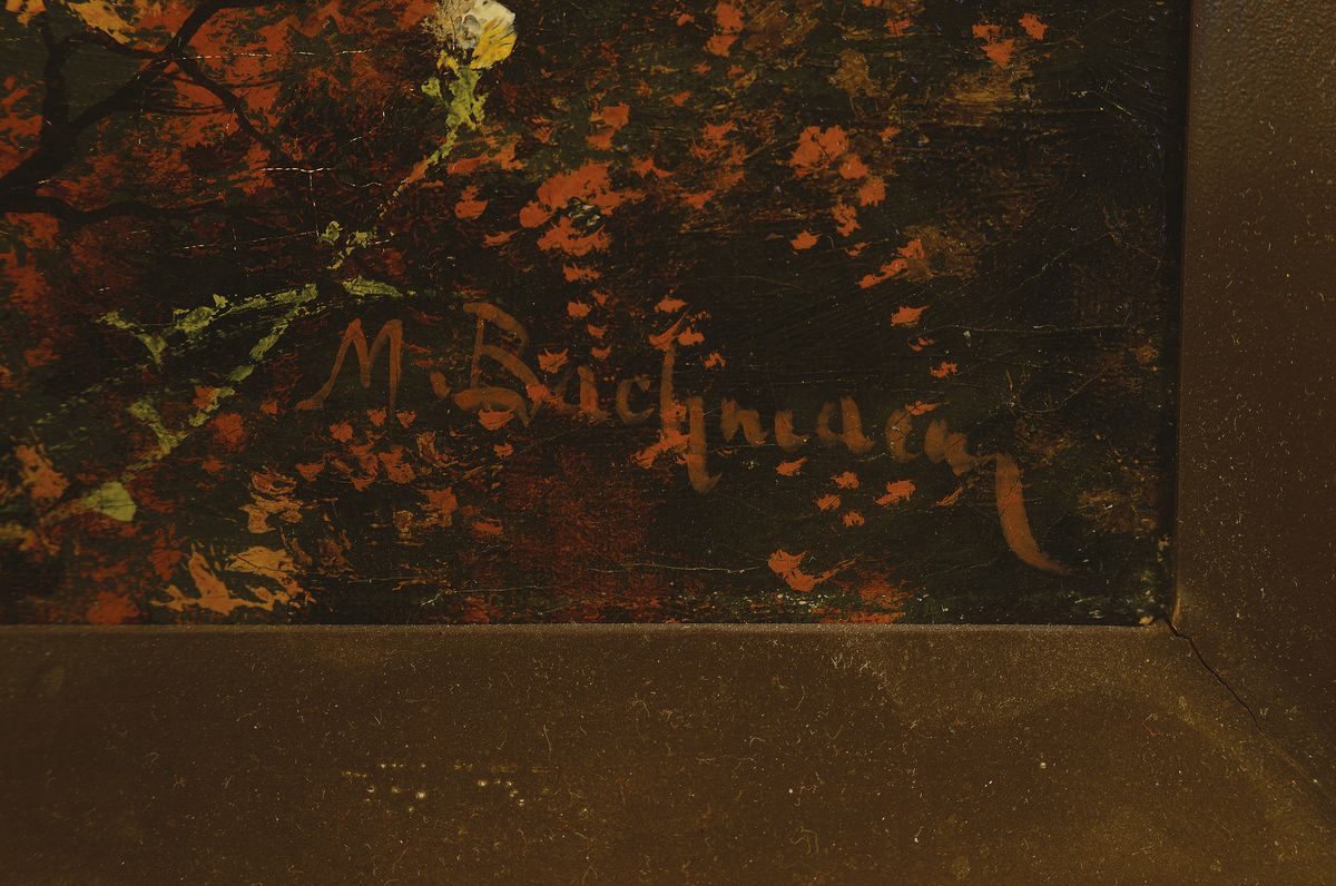 Detail a: Minna Bachmann, erwähnt zwischen 1860-1887, Landschaft mit Bauernhäusern am See, Öl/Lwd, rest., rechts unten signiert, ca. 42x62cm, aufwändiger ...