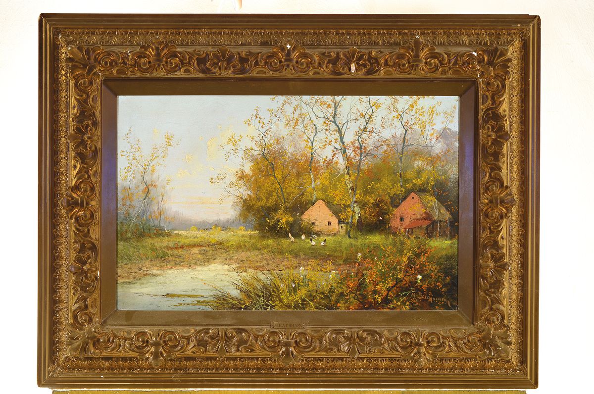Detail k: Minna Bachmann, erwähnt zwischen 1860-1887, Landschaft mit Bauernhäusern am See, Öl/Lwd, rest., rechts unten signiert, ca. 42x62cm, aufwändiger ...