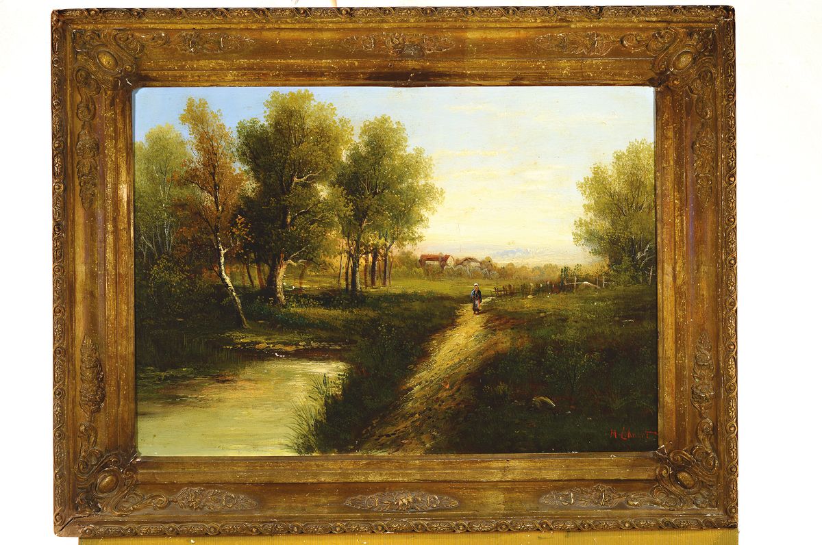 Detail k: Hildegard Lehnert, 1857-1943 Berlin, Landschafts- und Stilllebenmalerin, Schülerin von Güssow und Yon in Paris, hier: Landschaft mit Bäumen, Teich ...