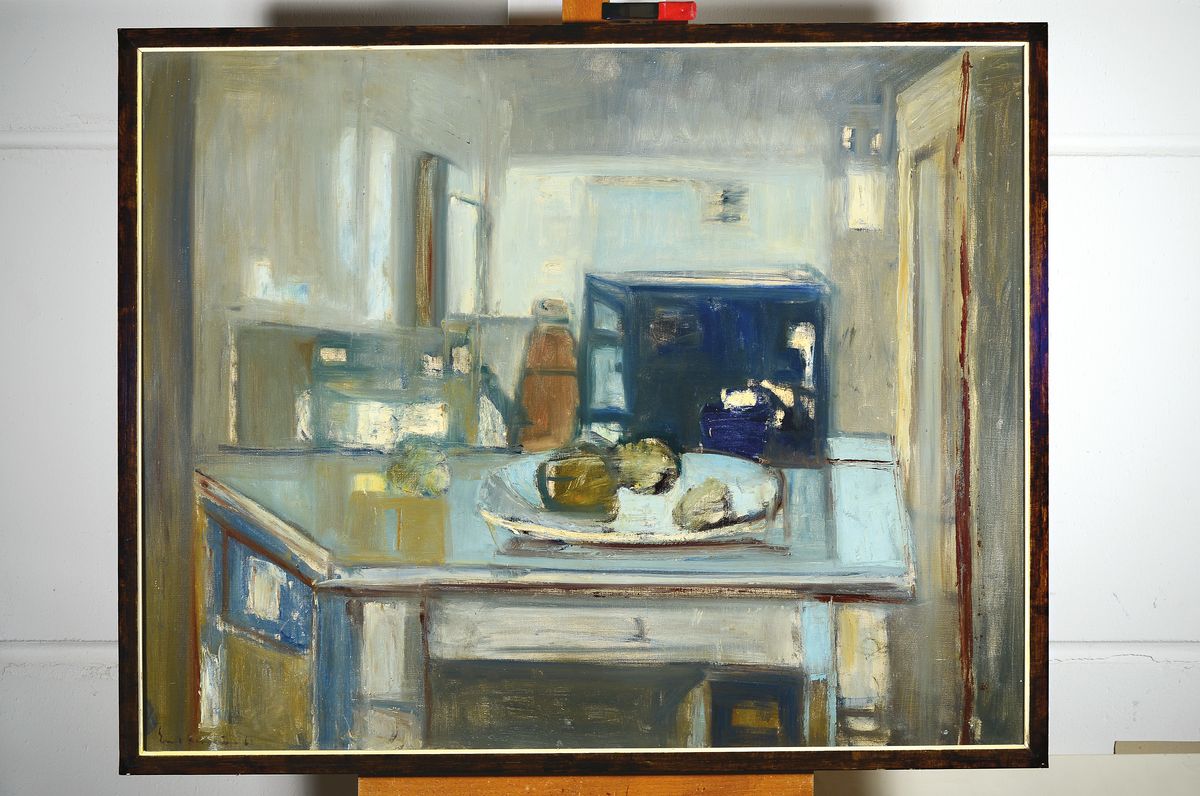 Detail k: Emil Reichmuth, 1931 San Francisco-2017 Witikon/Schweiz, Interieur mit Stillleben, Öl/Lwd, rest., links unten signiert, ca. 78x97cm, R. ca. 82x100cm