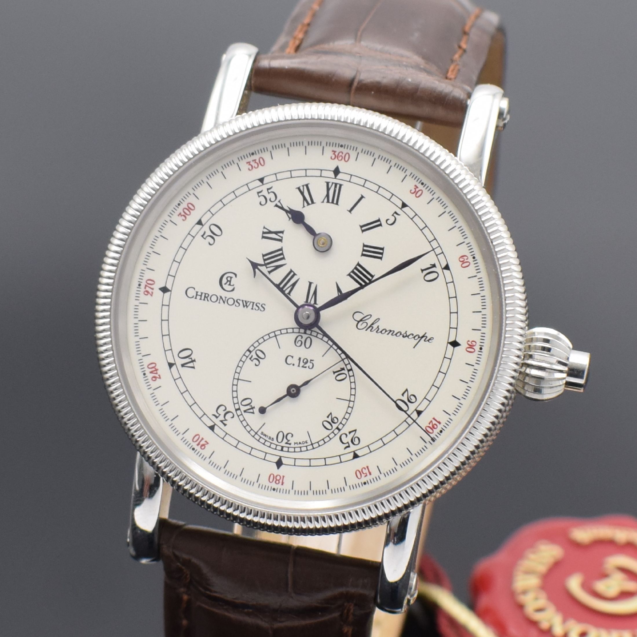 Detail a: CHRONOSWISS Chronoscope Herrenarmbanduhr mit Chronograph in Stahl Referenz CH 1523, Schweiz um 2005, Automatik, beids. vergl. Geh., Boden verschr., ...