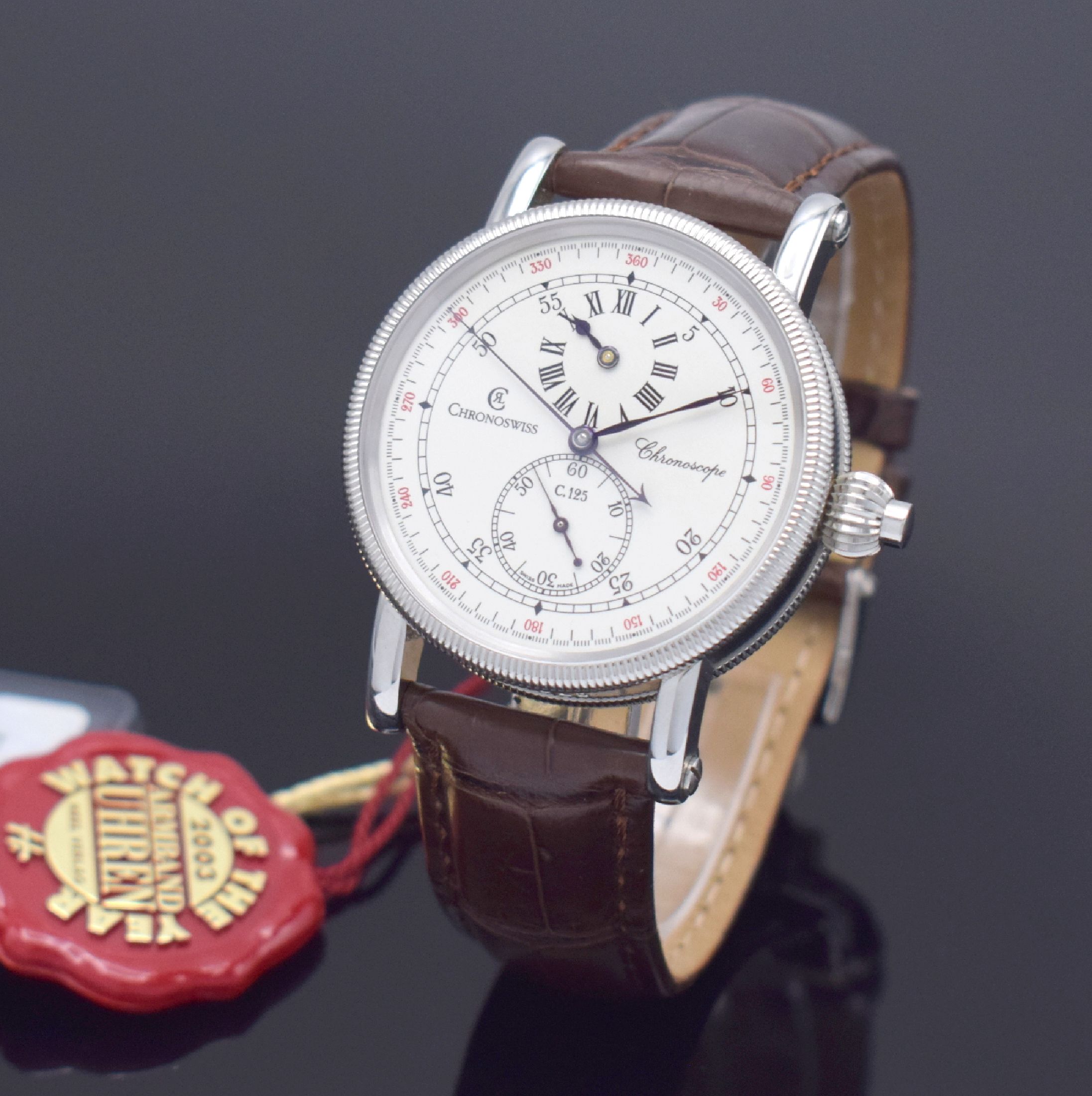 Detail b: CHRONOSWISS Chronoscope Herrenarmbanduhr mit Chronograph in Stahl Referenz CH 1523, Schweiz um 2005, Automatik, beids. vergl. Geh., Boden verschr., ...