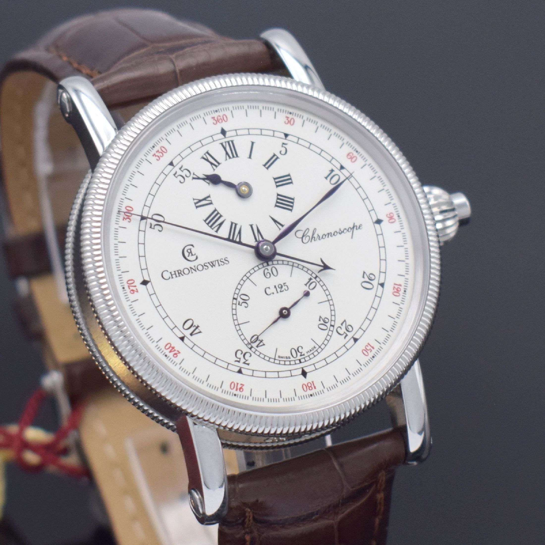 Detail e: CHRONOSWISS Chronoscope Herrenarmbanduhr mit Chronograph in Stahl Referenz CH 1523, Schweiz um 2005, Automatik, beids. vergl. Geh., Boden verschr., ...