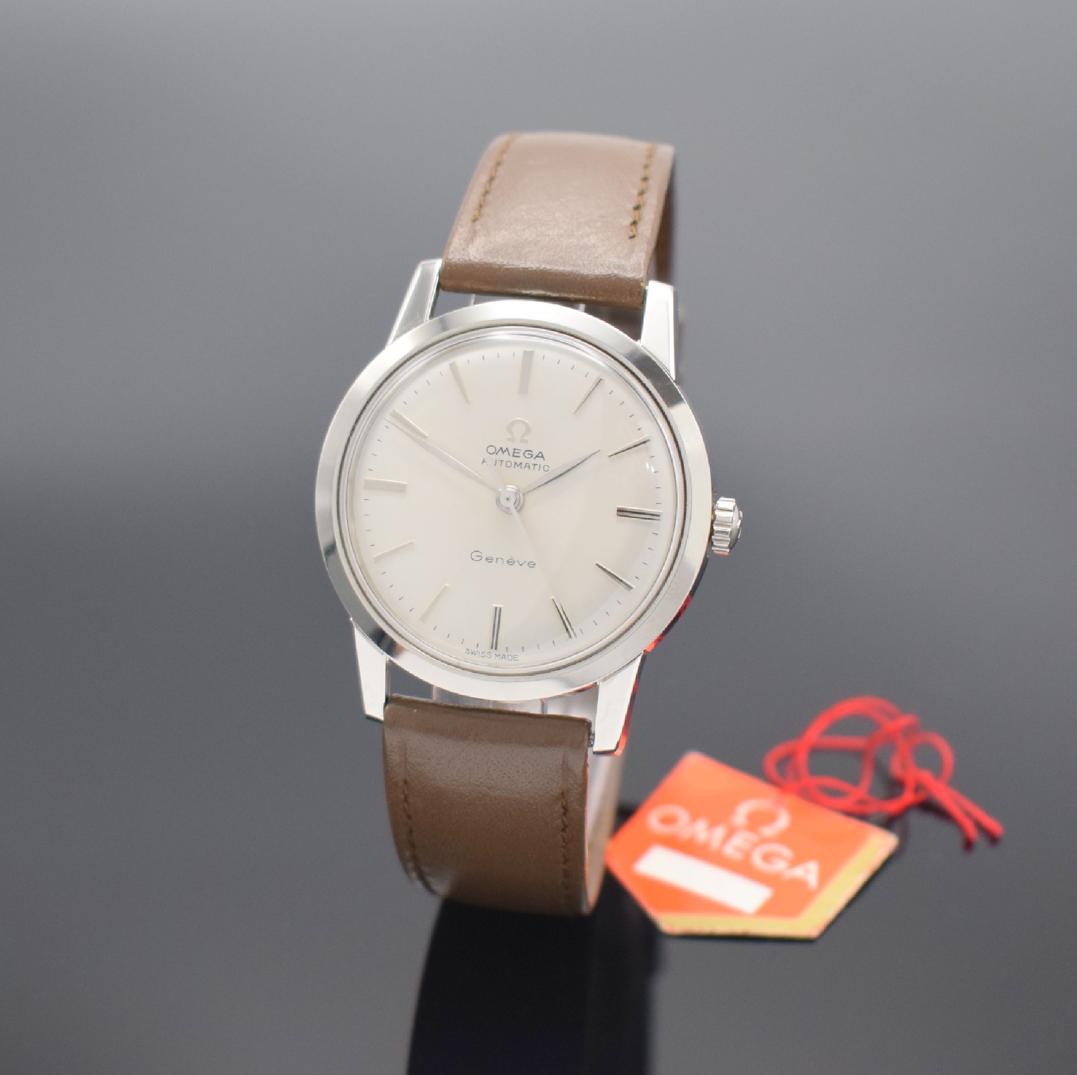 OMEGA Geneve nahezu neuwertige Herrenarmbanduhr in Stahl mit Kaliber 591 Referenz 14704 SC-61, Schweiz um 1961, Automatik, 2-teil. Geh., Boden ...
