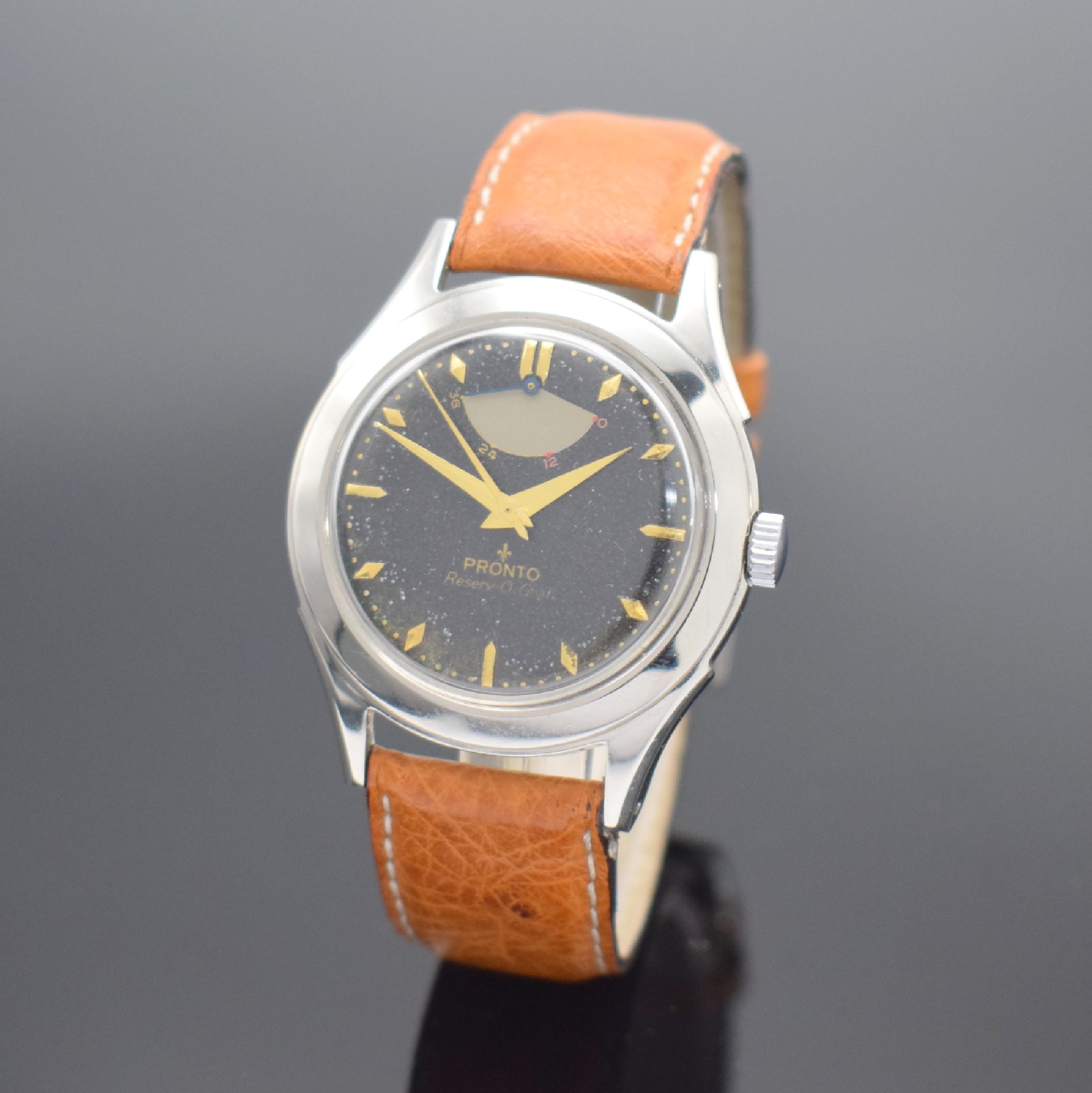 PRONTO Reserv-O-Graf seltene Herrenarmbanduhr in Stahl mit Gangreserveanzeige, Schweiz um 1950, Automatik, 2-teil. Geh., Boden bez. Mulco verschr., ...