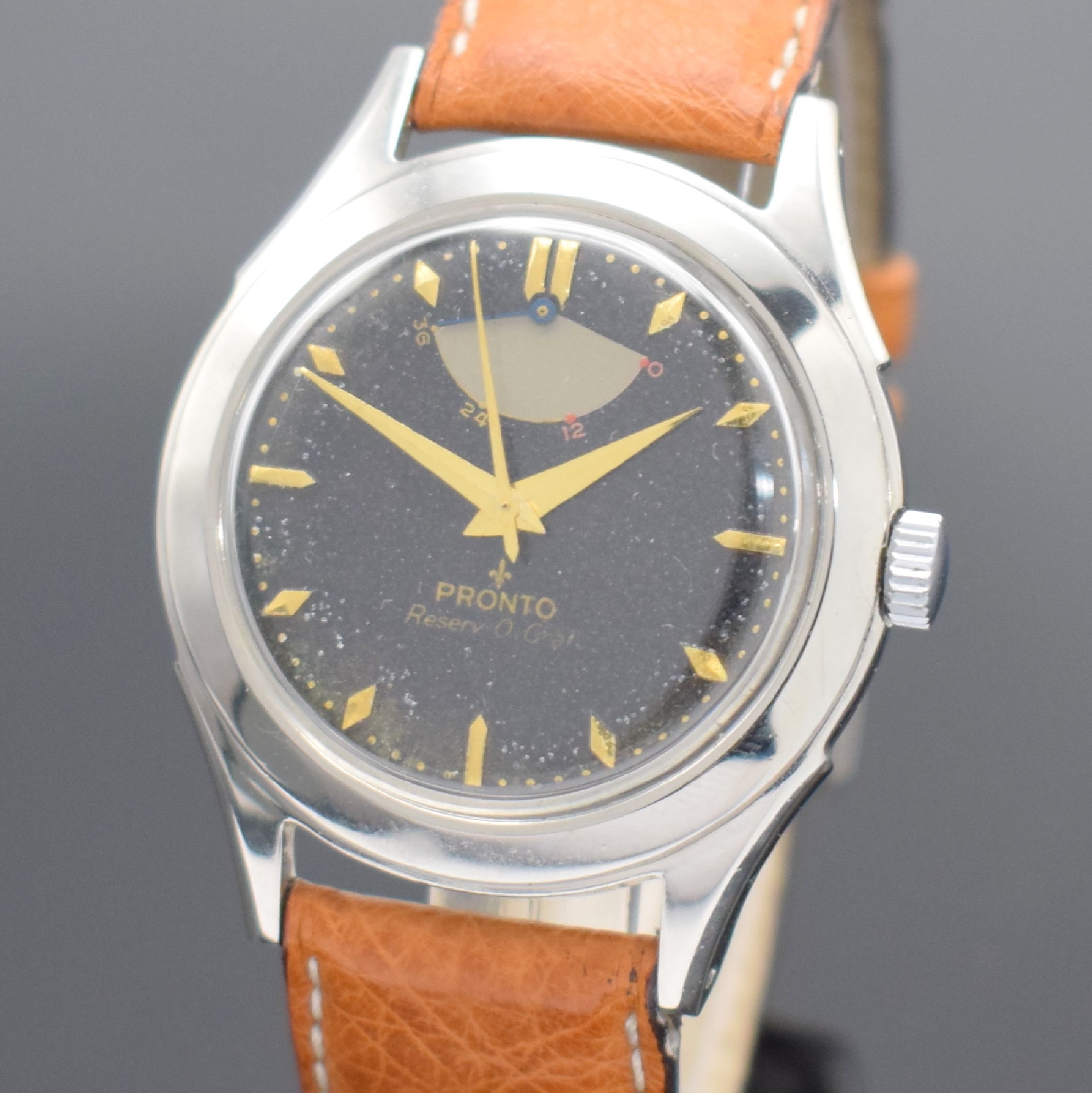 Detail a: PRONTO Reserv-O-Graf seltene Herrenarmbanduhr in Stahl mit Gangreserveanzeige, Schweiz um 1950, Automatik, 2-teil. Geh., Boden bez. Mulco verschr., ...