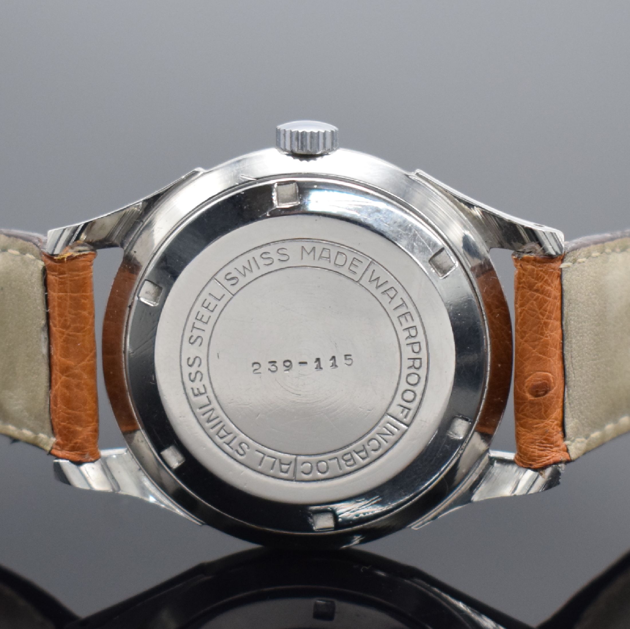 Detail b: PRONTO Reserv-O-Graf seltene Herrenarmbanduhr in Stahl mit Gangreserveanzeige, Schweiz um 1950, Automatik, 2-teil. Geh., Boden bez. Mulco verschr., ...