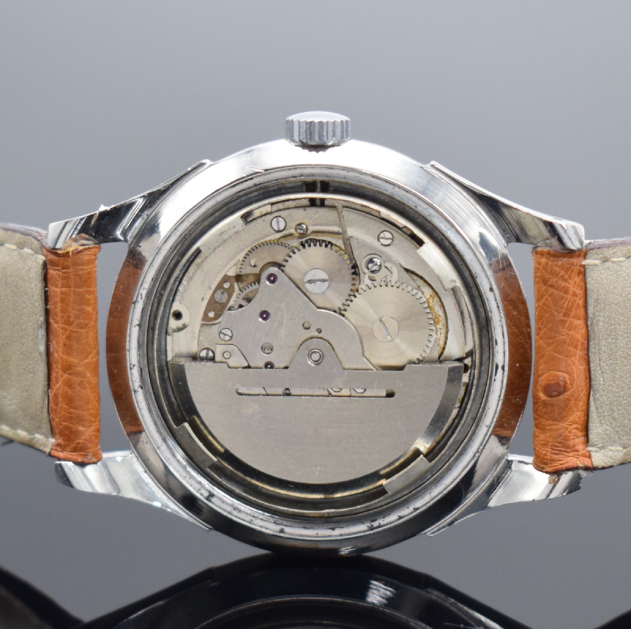 Detail c: PRONTO Reserv-O-Graf seltene Herrenarmbanduhr in Stahl mit Gangreserveanzeige, Schweiz um 1950, Automatik, 2-teil. Geh., Boden bez. Mulco verschr., ...