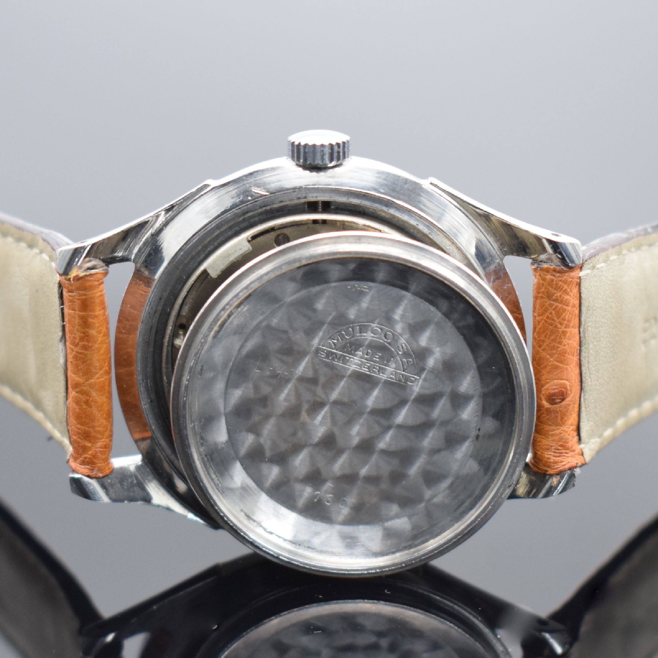 Detail e: PRONTO Reserv-O-Graf seltene Herrenarmbanduhr in Stahl mit Gangreserveanzeige, Schweiz um 1950, Automatik, 2-teil. Geh., Boden bez. Mulco verschr., ...