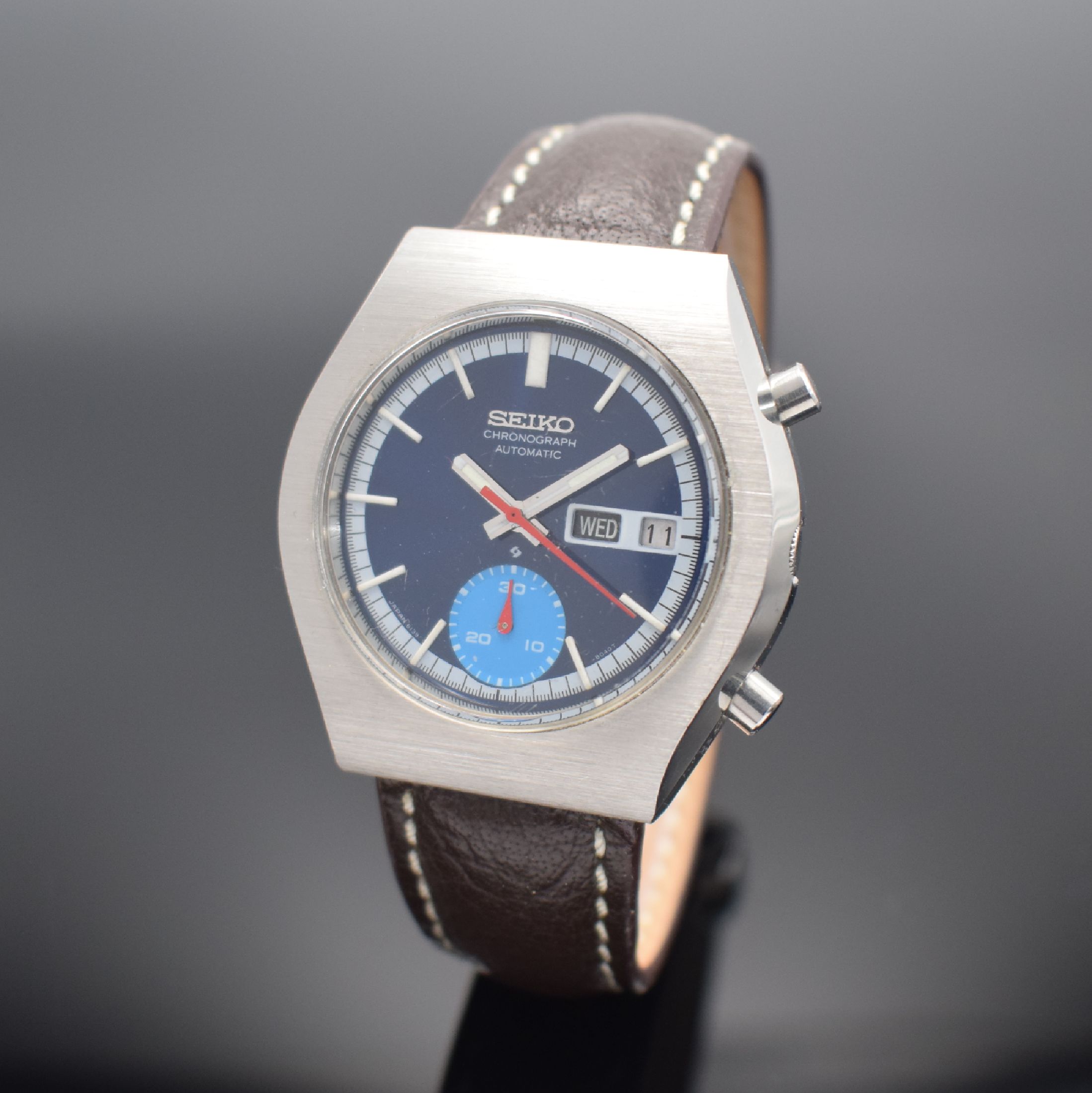 SEIKO gut erhaltener Schaltradchronograph Referenz 6139-8020, Automatik, Japan um 1970, Edelstahlgeh., Boden verschr., blaues Zifferbl., Anz. v. ...