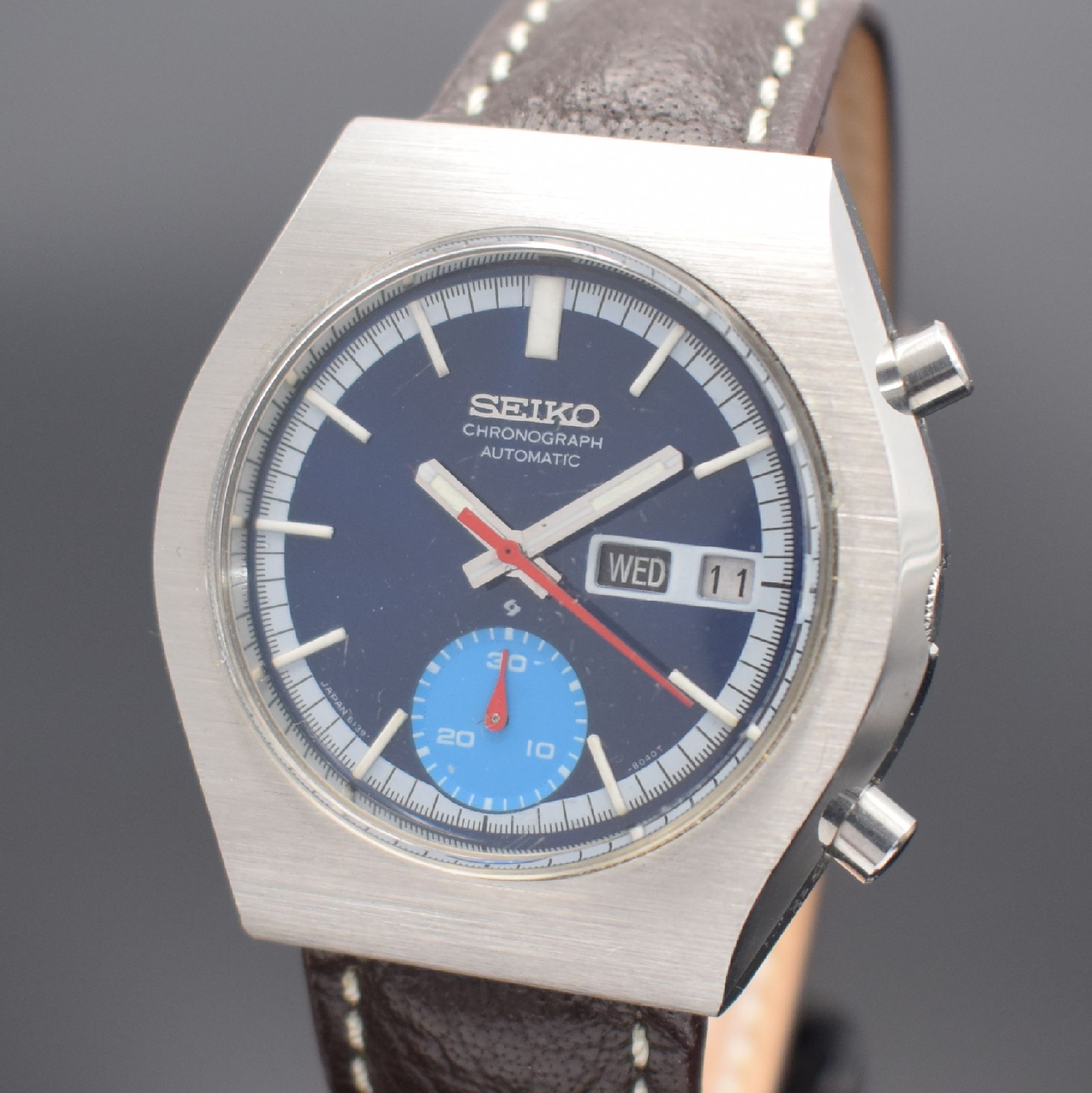 Detail a: SEIKO gut erhaltener Schaltradchronograph Referenz 6139-8020, Automatik, Japan um 1970, Edelstahlgeh., Boden verschr., blaues Zifferbl., Anz. v. ...
