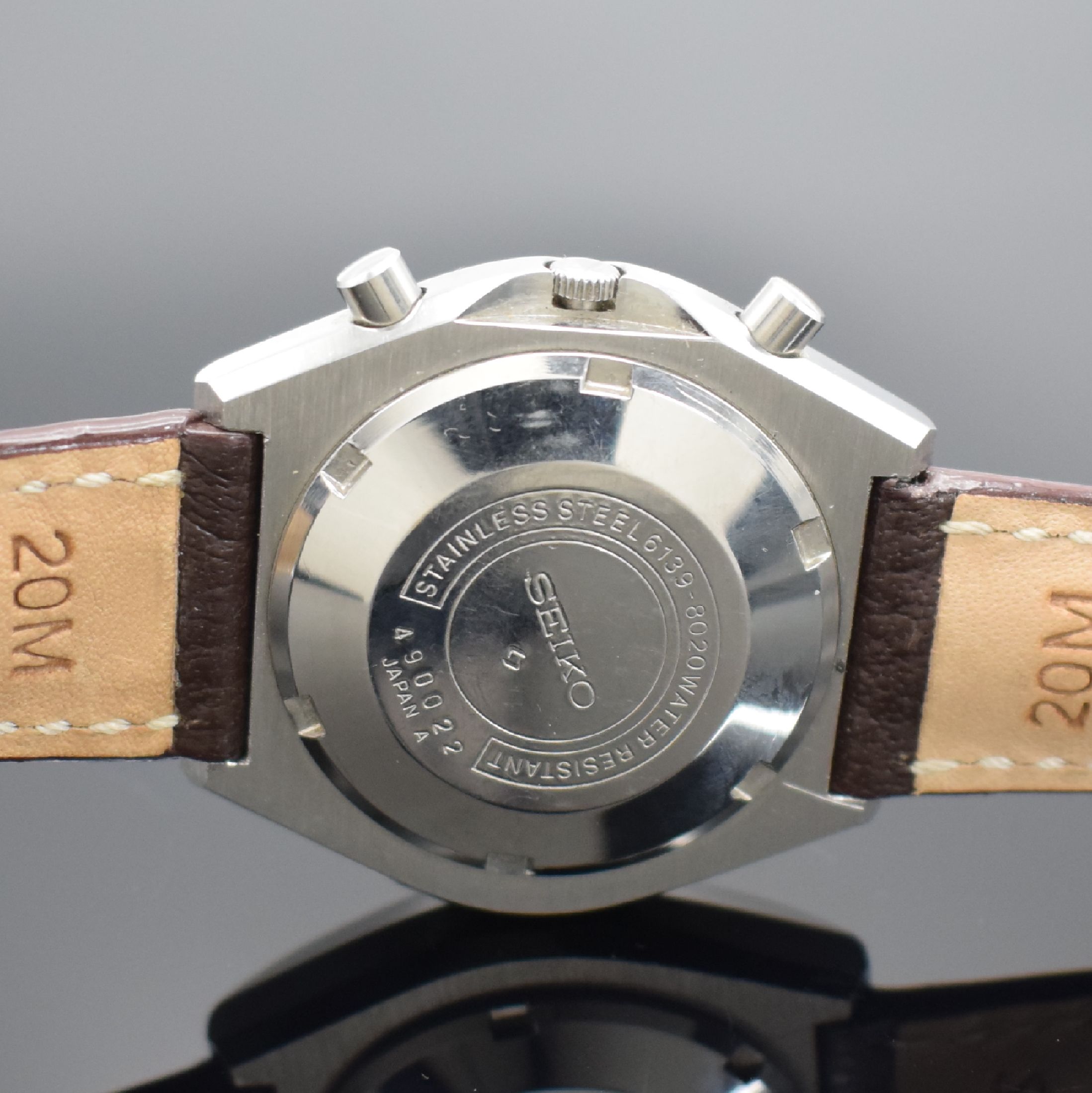 Detail c: SEIKO gut erhaltener Schaltradchronograph Referenz 6139-8020, Automatik, Japan um 1970, Edelstahlgeh., Boden verschr., blaues Zifferbl., Anz. v. ...