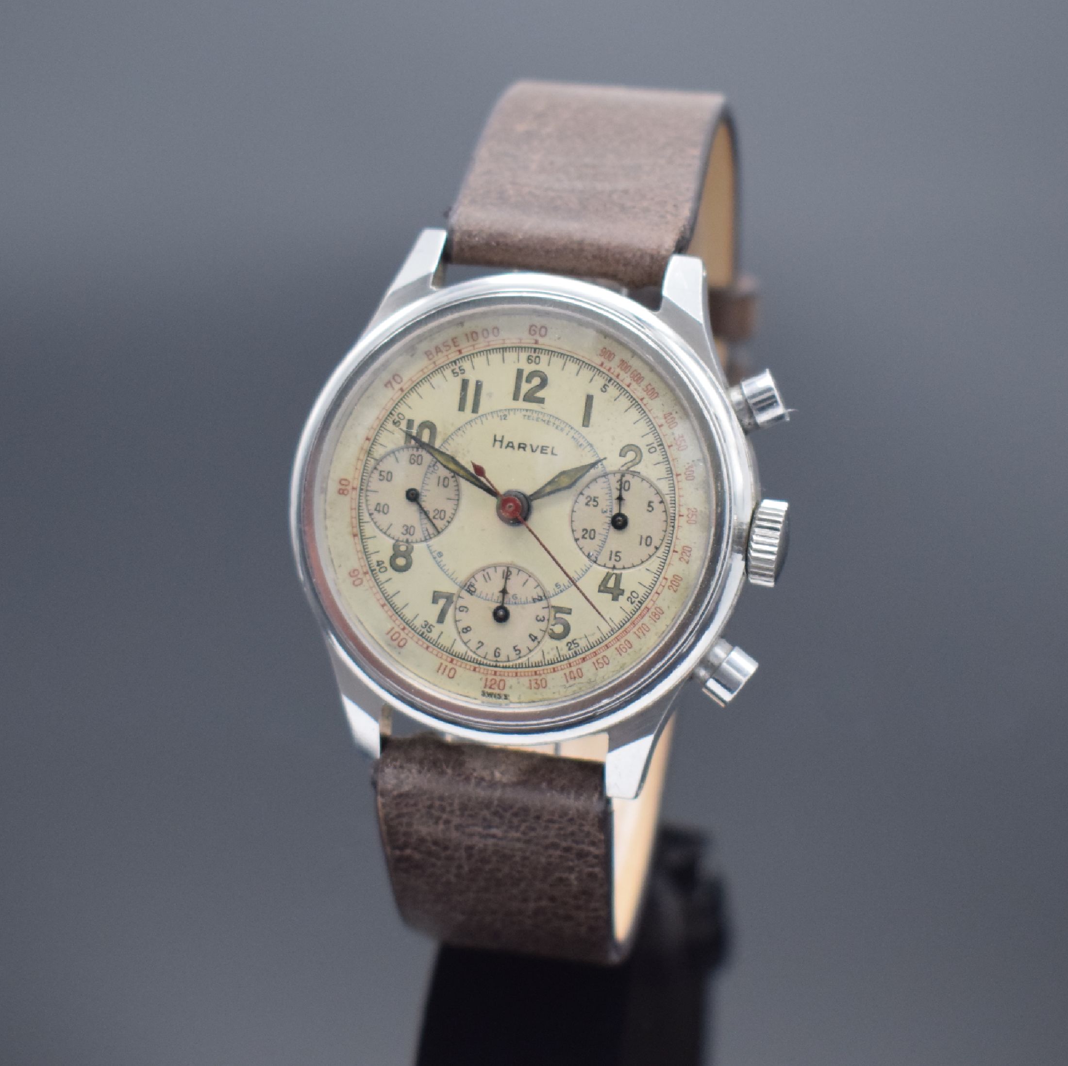 R.SPILLMANN / Harvel Valjoux 71 seltener ver- schraubter Armbandchronograph in Stahl, Schweiz um 1945, Handaufzug, verschraubtes Geh. sign. ...