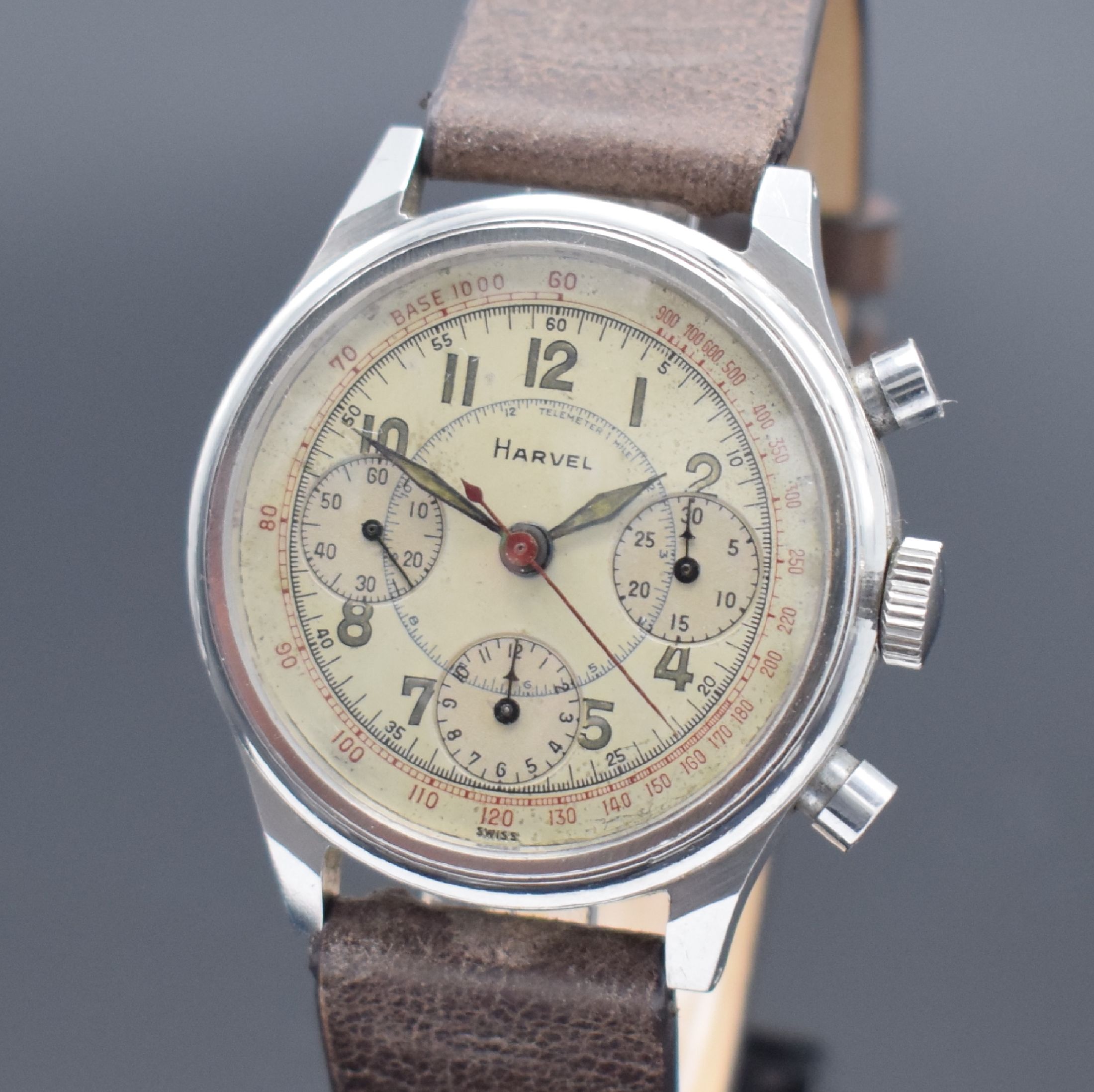 Detail a: R.SPILLMANN / Harvel Valjoux 71 seltener ver- schraubter Armbandchronograph in Stahl, Schweiz um 1945, Handaufzug, verschraubtes Geh. sign. ...