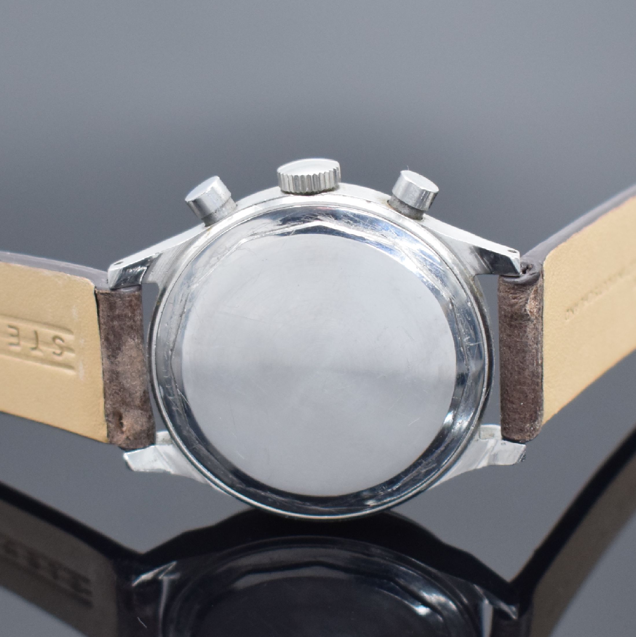 Detail c: R.SPILLMANN / Harvel Valjoux 71 seltener ver- schraubter Armbandchronograph in Stahl, Schweiz um 1945, Handaufzug, verschraubtes Geh. sign. ...
