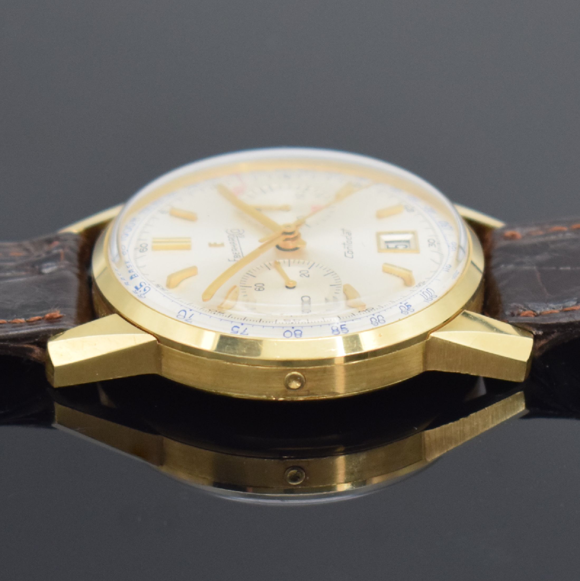 Detail g: EBERHARD & CO. Contodat Armbandchronograph mitSchaltrad in GG 750/000, Schweiz um 1968, Handaufzug, Boden & Glasrand aufgedr., Korrekturdr. seitl. b. ...