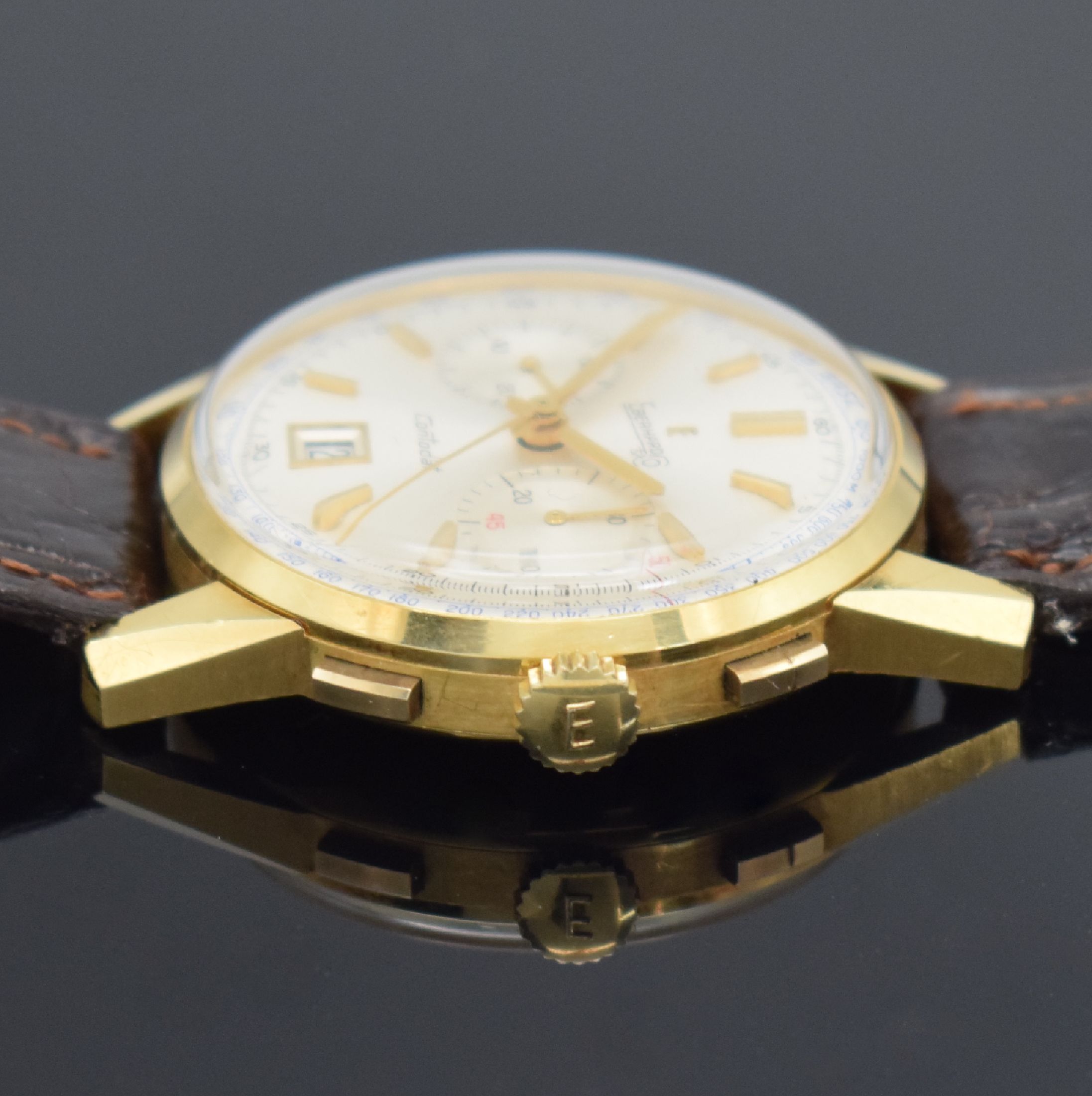 Detail h: EBERHARD & CO. Contodat Armbandchronograph mitSchaltrad in GG 750/000, Schweiz um 1968, Handaufzug, Boden & Glasrand aufgedr., Korrekturdr. seitl. b. ...