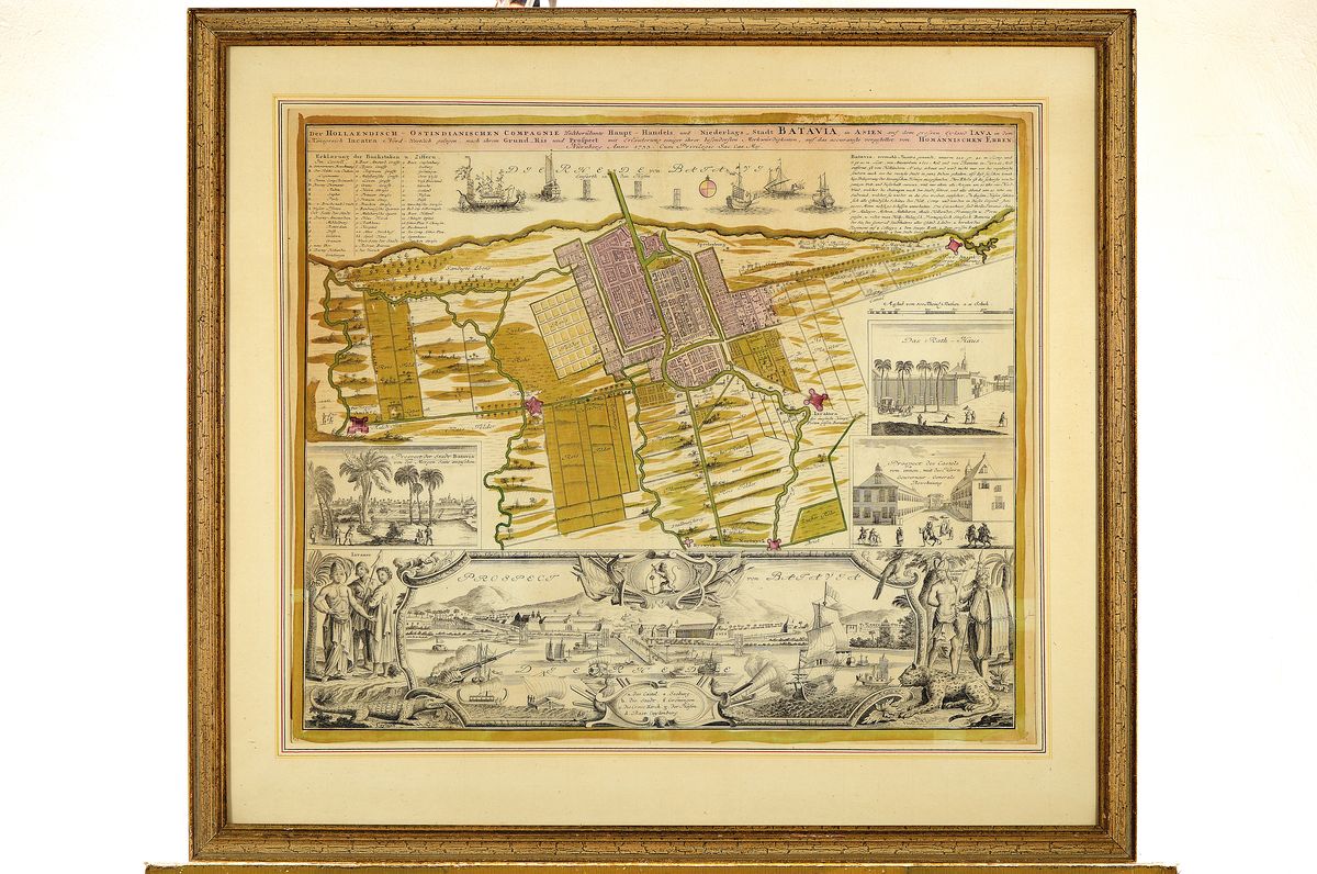 Detail k: Homanns Erben, "Prospect mit Batavia", Kupferstich von 1733, Titel: "Der Holländisch Ostindianischen Compagnie Weltberühmte Haupt-, ...