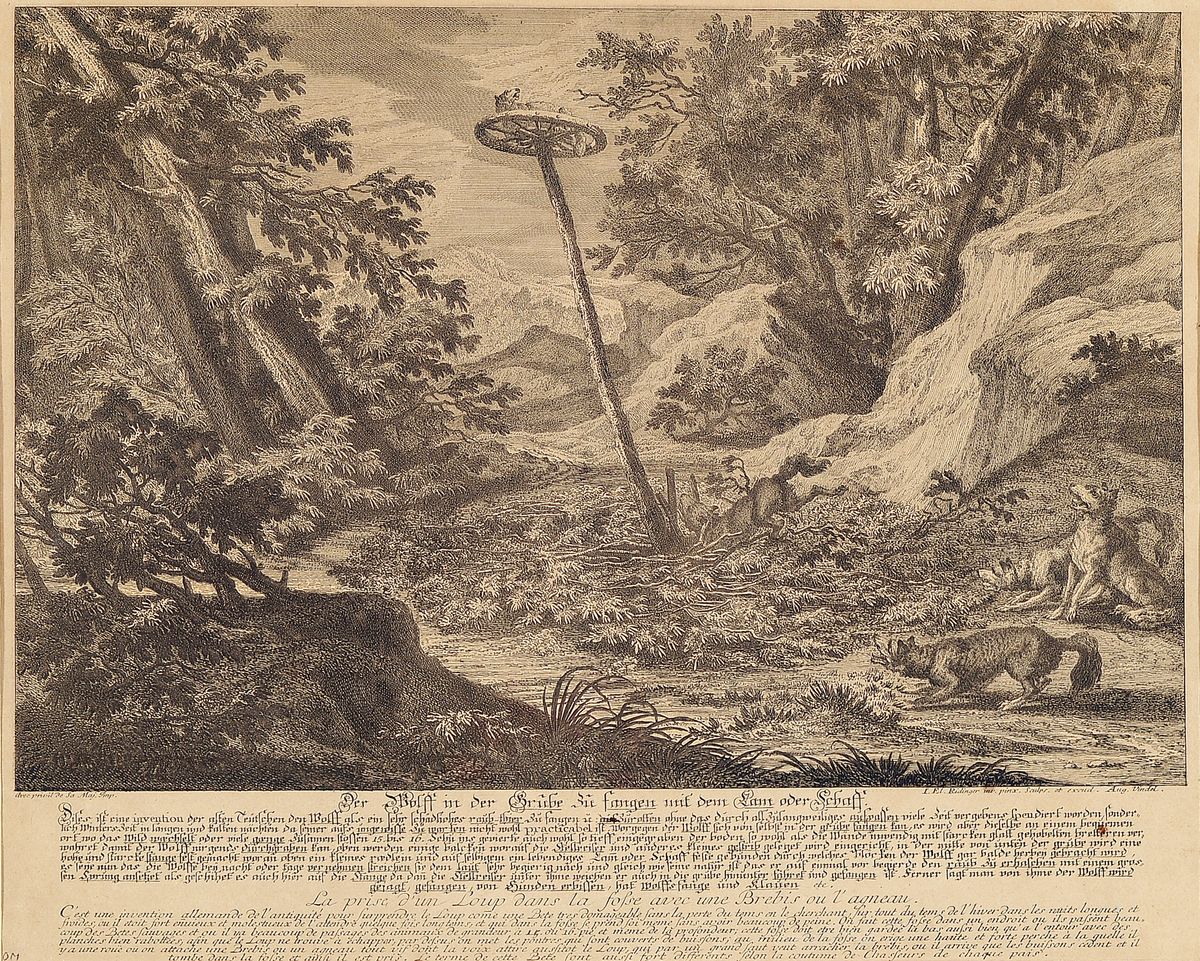 Detail a: Johann Elias Ridinger, 1698 Ulm- 1767 Augsburg, 2 Kupferstiche: "Der Wolff in der Grube zu fangen mit dem Lam oder Schaff" und Kupferstich ...