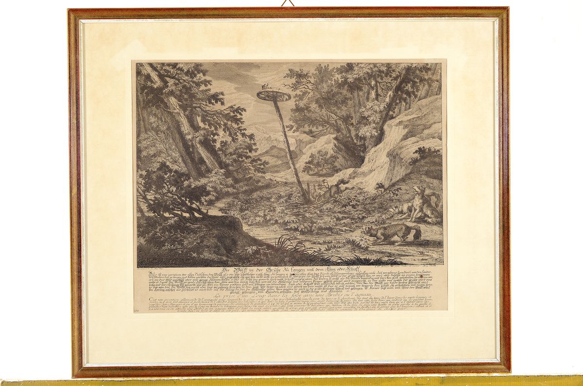 Detail l: Johann Elias Ridinger, 1698 Ulm- 1767 Augsburg, 2 Kupferstiche: "Der Wolff in der Grube zu fangen mit dem Lam oder Schaff" und Kupferstich ...