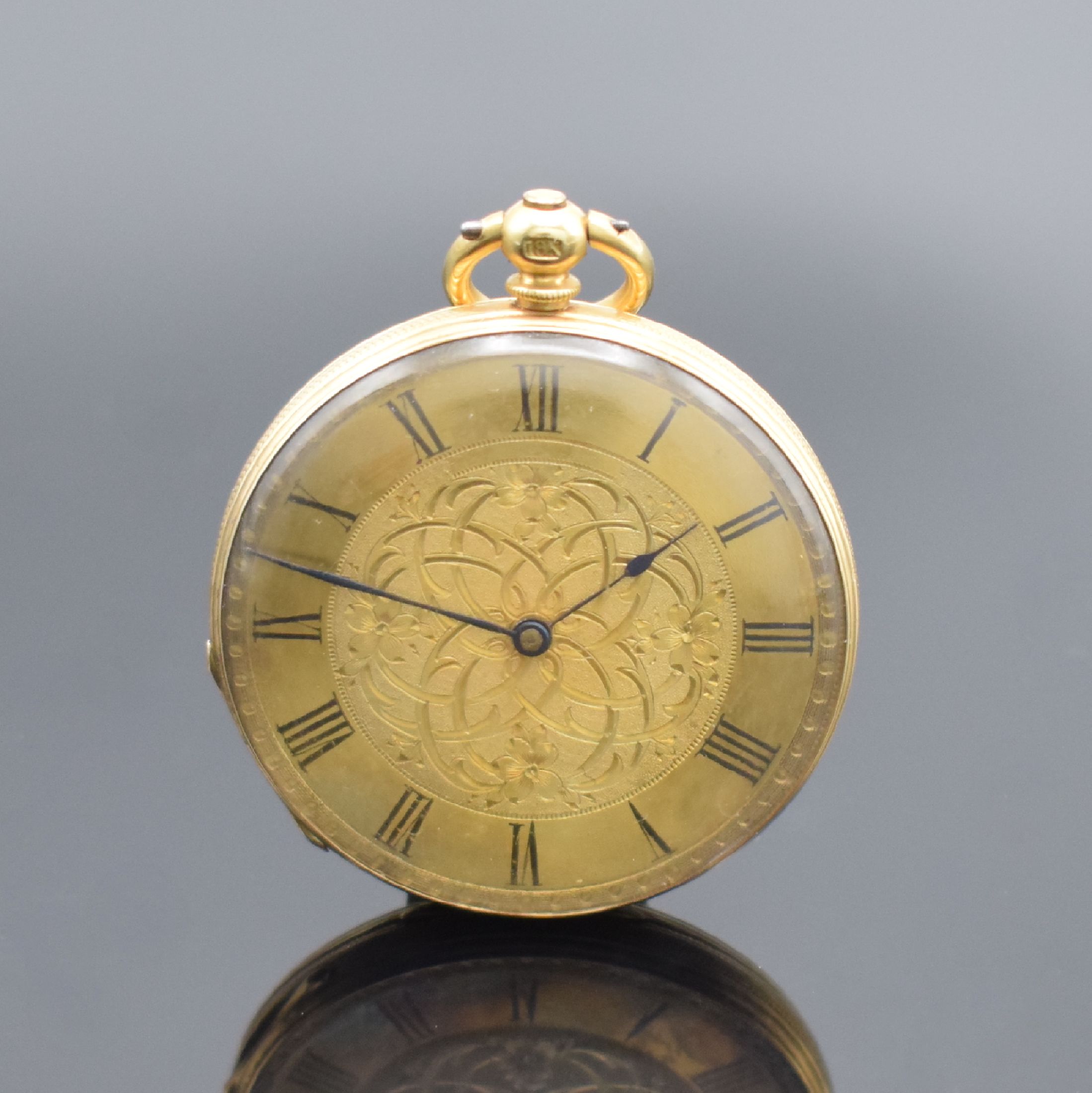 Detail a: 3 offene Goldtaschenuhren in GG 750/000, England / Schweiz um 1880 - 1900, 1. schwere englische Spitzzahnanker-Uhr im vollgrav. Geh., Emailzifferbl., ...