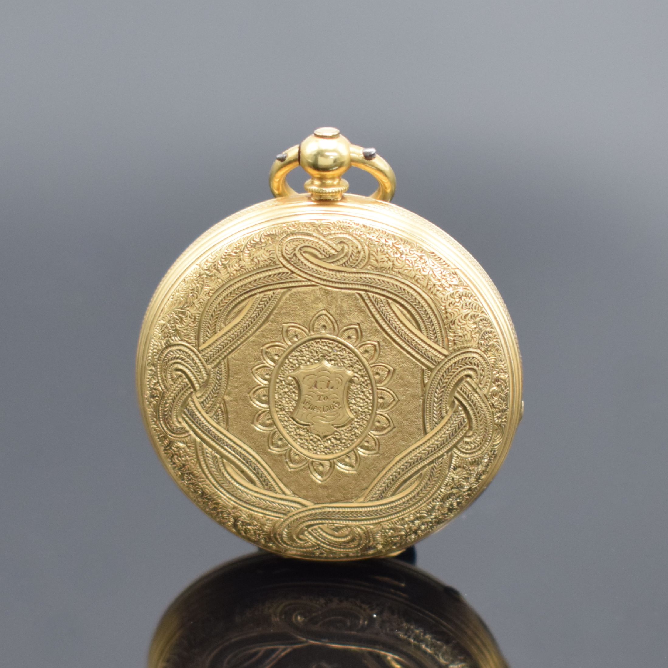 Detail b: 3 offene Goldtaschenuhren in GG 750/000, England / Schweiz um 1880 - 1900, 1. schwere englische Spitzzahnanker-Uhr im vollgrav. Geh., Emailzifferbl., ...