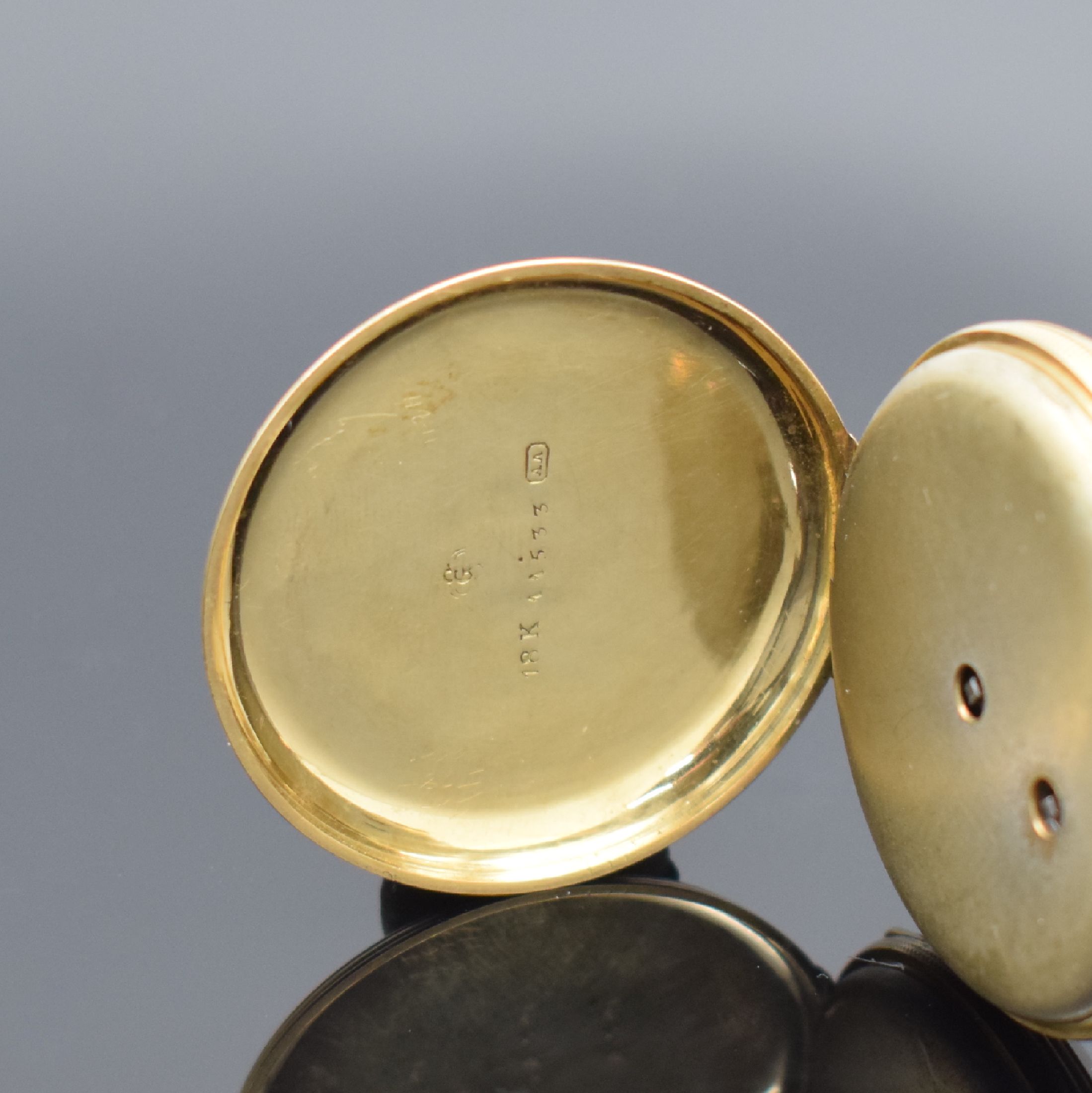 Detail c: 3 offene Goldtaschenuhren in GG 750/000, England / Schweiz um 1880 - 1900, 1. schwere englische Spitzzahnanker-Uhr im vollgrav. Geh., Emailzifferbl., ...