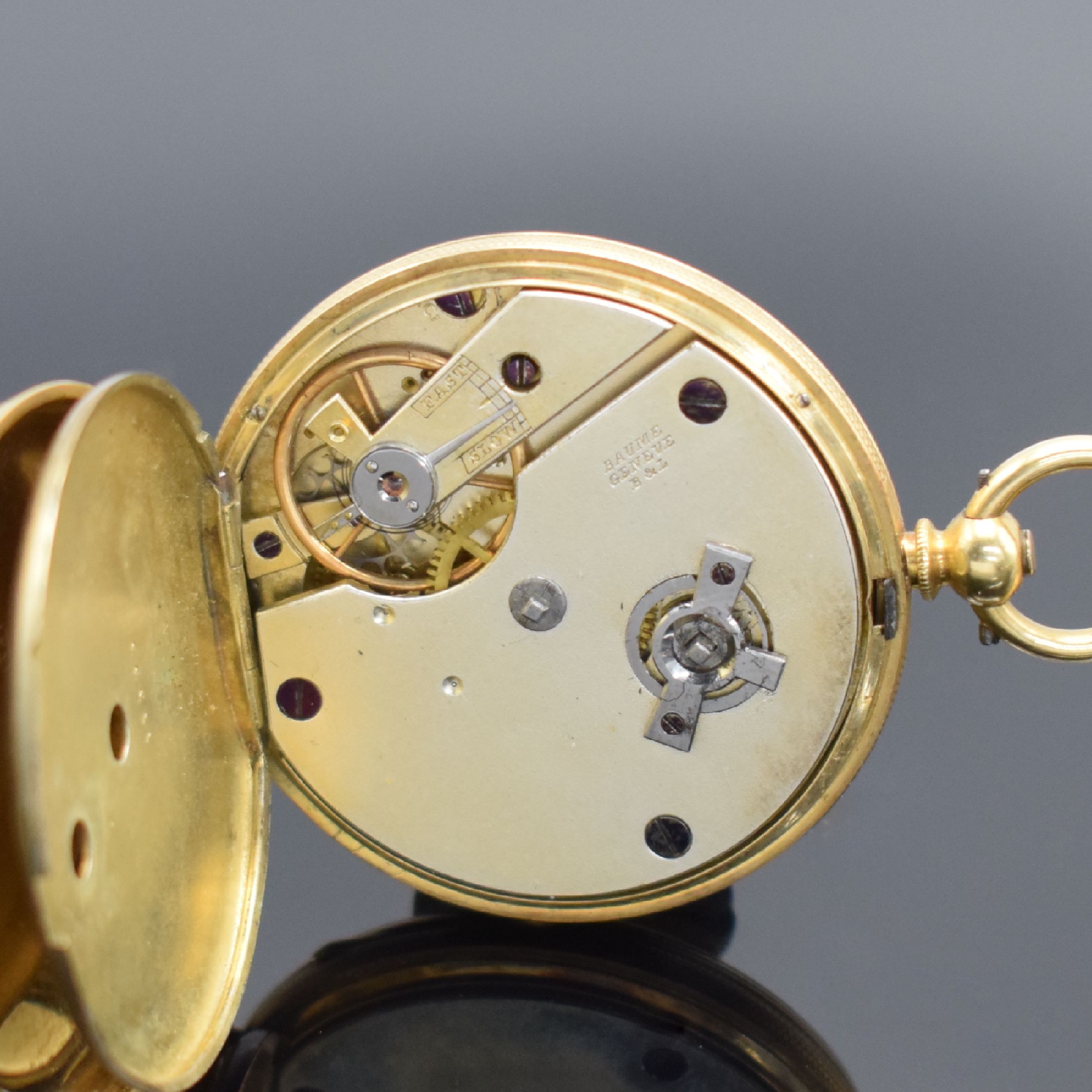 Detail d: 3 offene Goldtaschenuhren in GG 750/000, England / Schweiz um 1880 - 1900, 1. schwere englische Spitzzahnanker-Uhr im vollgrav. Geh., Emailzifferbl., ...