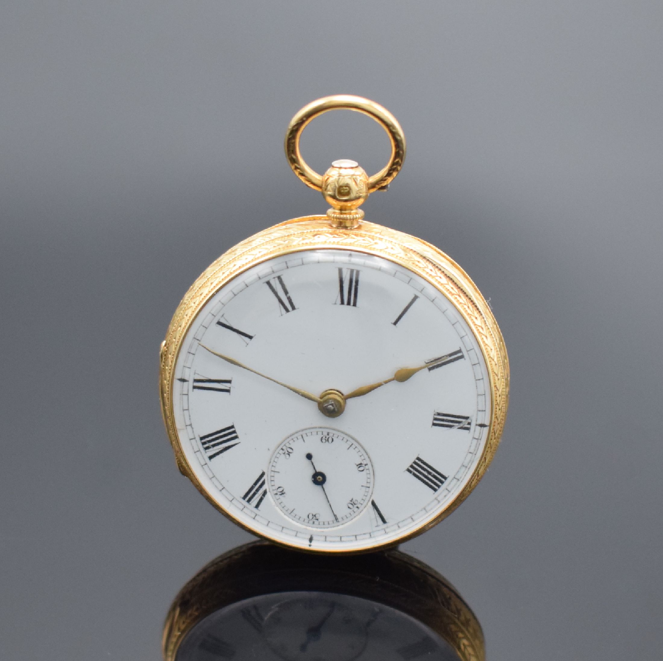 Detail e: 3 offene Goldtaschenuhren in GG 750/000, England / Schweiz um 1880 - 1900, 1. schwere englische Spitzzahnanker-Uhr im vollgrav. Geh., Emailzifferbl., ...