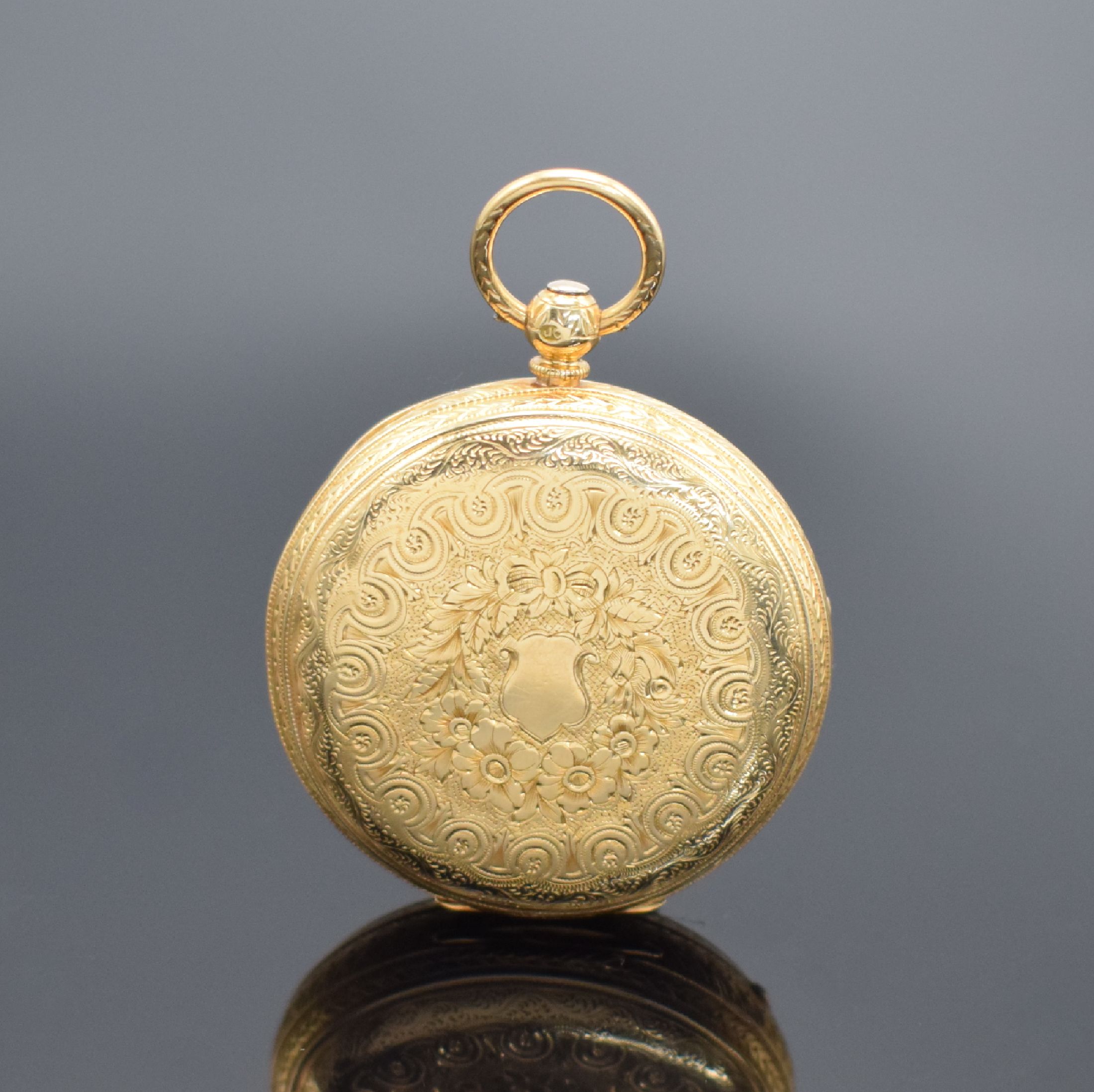 Detail f: 3 offene Goldtaschenuhren in GG 750/000, England / Schweiz um 1880 - 1900, 1. schwere englische Spitzzahnanker-Uhr im vollgrav. Geh., Emailzifferbl., ...