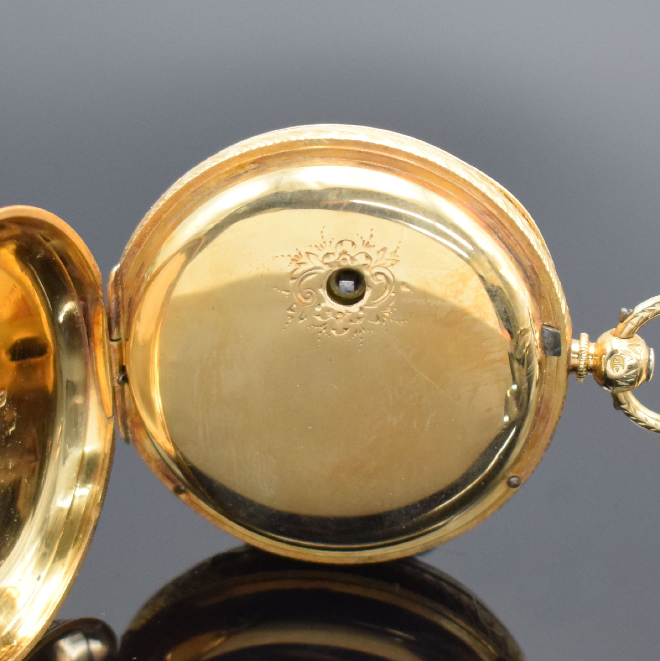 Detail h: 3 offene Goldtaschenuhren in GG 750/000, England / Schweiz um 1880 - 1900, 1. schwere englische Spitzzahnanker-Uhr im vollgrav. Geh., Emailzifferbl., ...